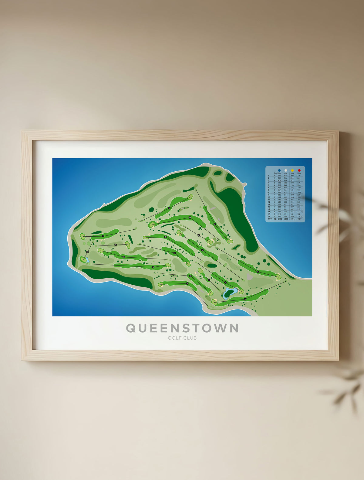 Framed Minimalist fine art map of Queenstown Golf Course, Otago, New Zealand