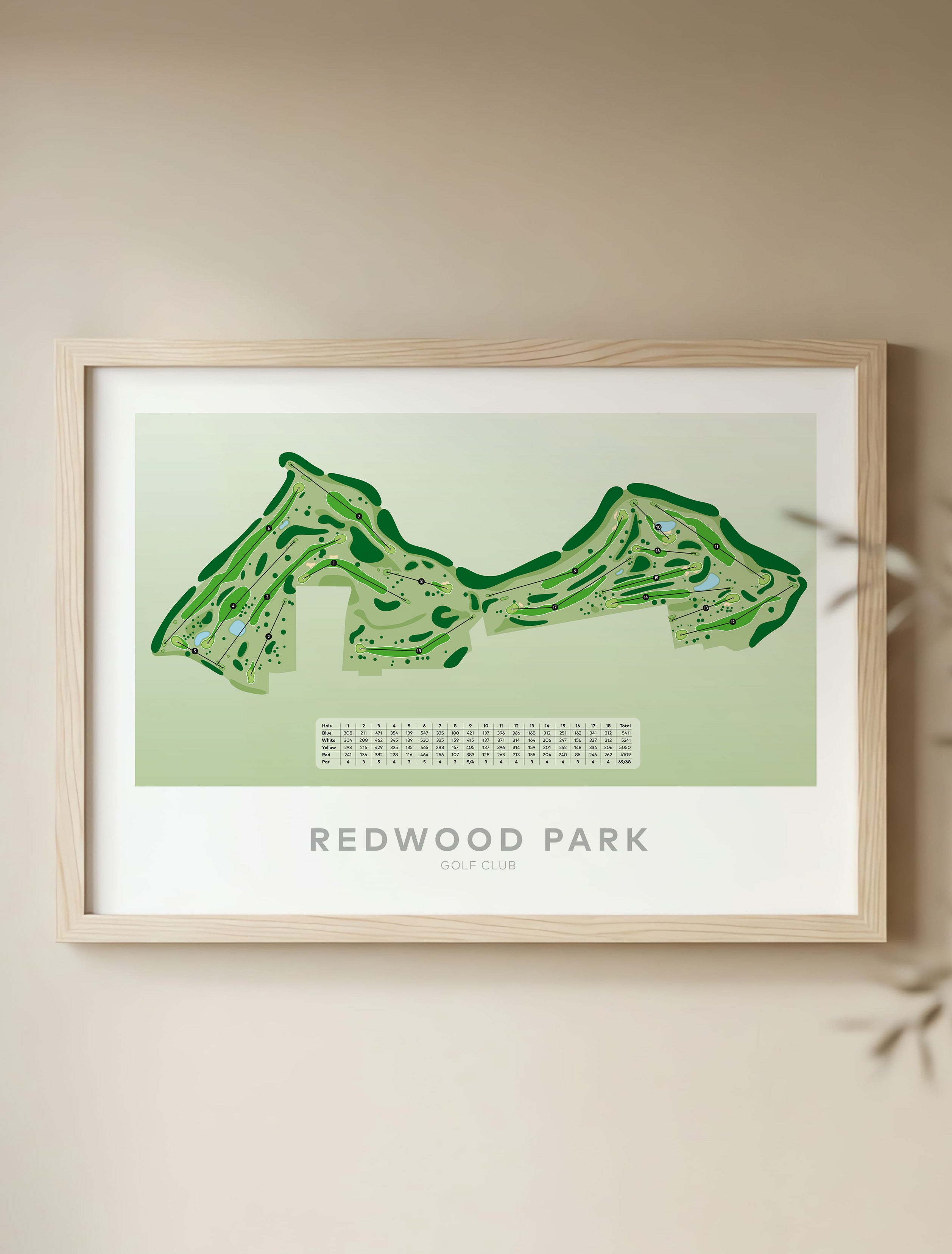 Framed golf course map print for Redwood Park Golf Club