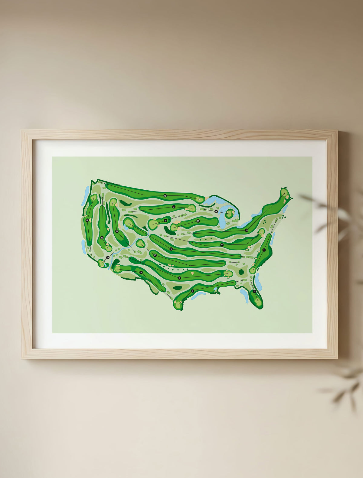 Framed Minimalist fine art map of USA shaped Golf Course, A hand-drawn golf map in the outline of the USA