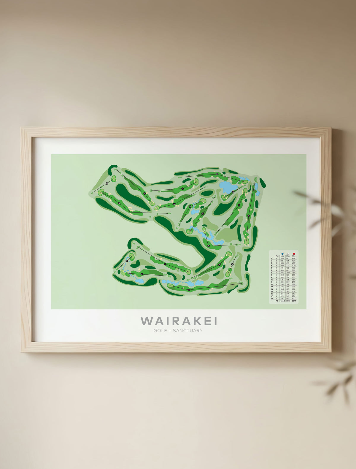 Framed Minimalist fine art map of Wairakei Golf + Sanctuary Golf Course, Taupo, Waikato, New Zealand