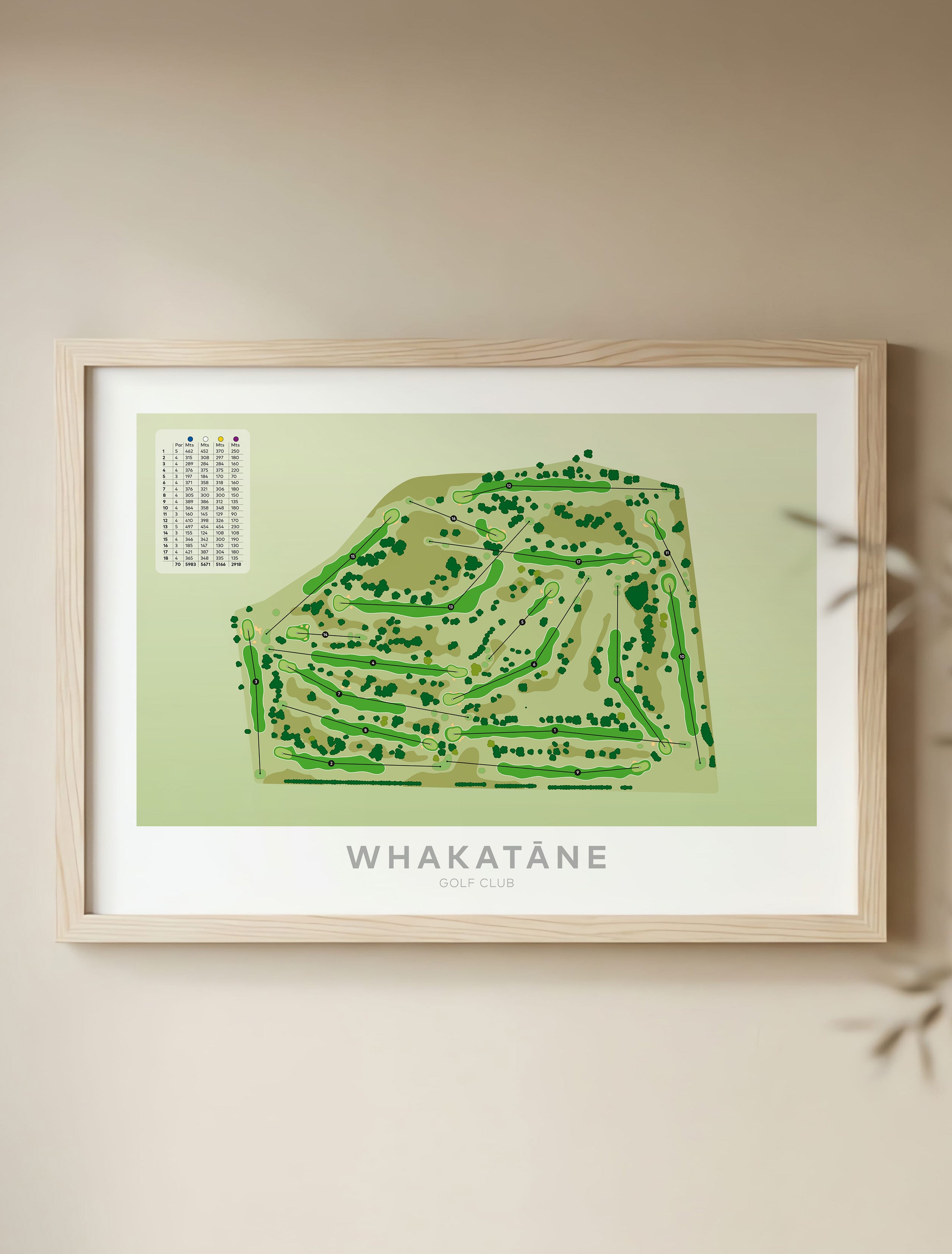 Framed Minimalist fine art map of Whakatane Golf Course, Bay of Plenty, BOP, New Zealand