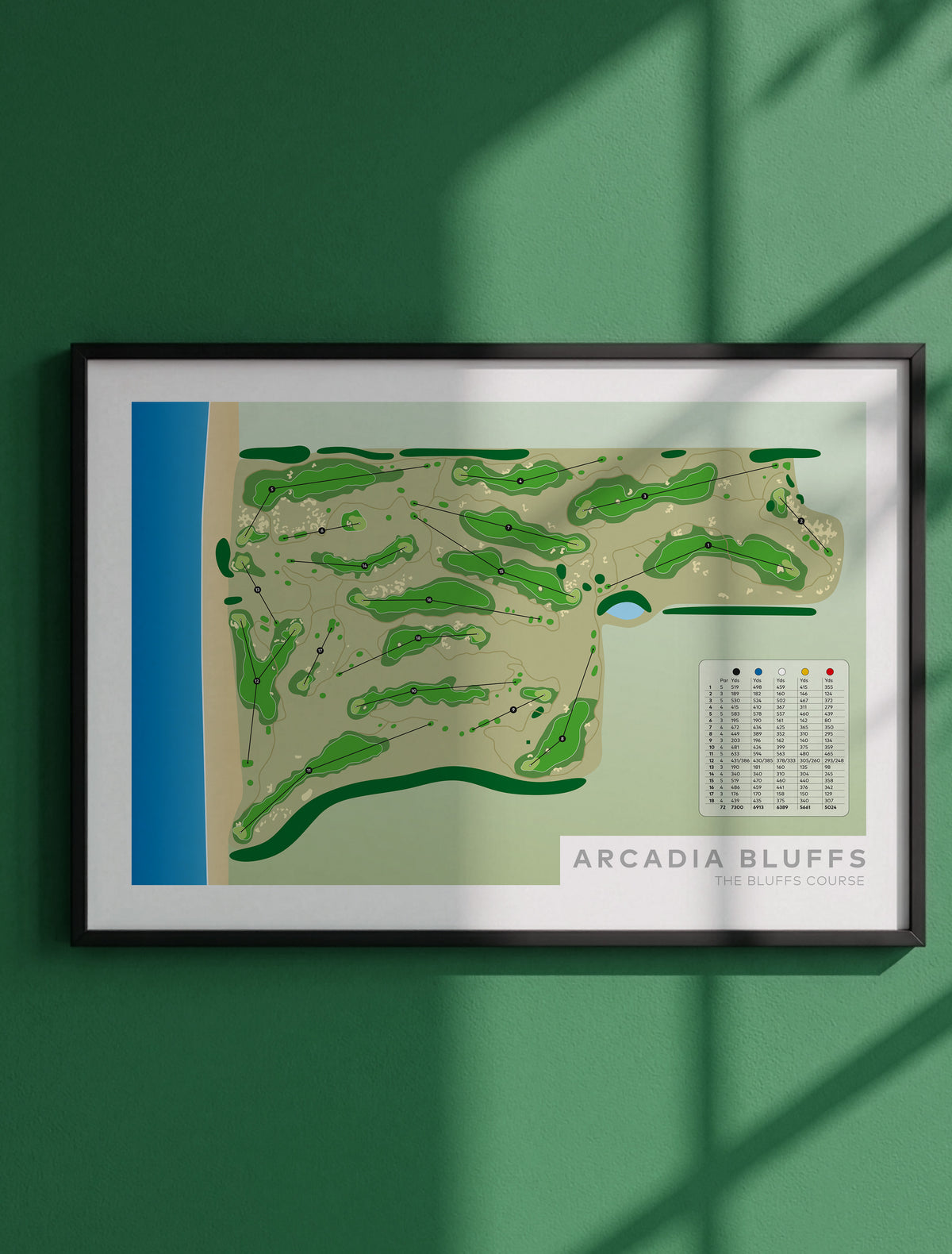 Framed minimalist fine art map of Arcadia Bluffs Golf Course, Michigan, Midwest, Manistee County, USA