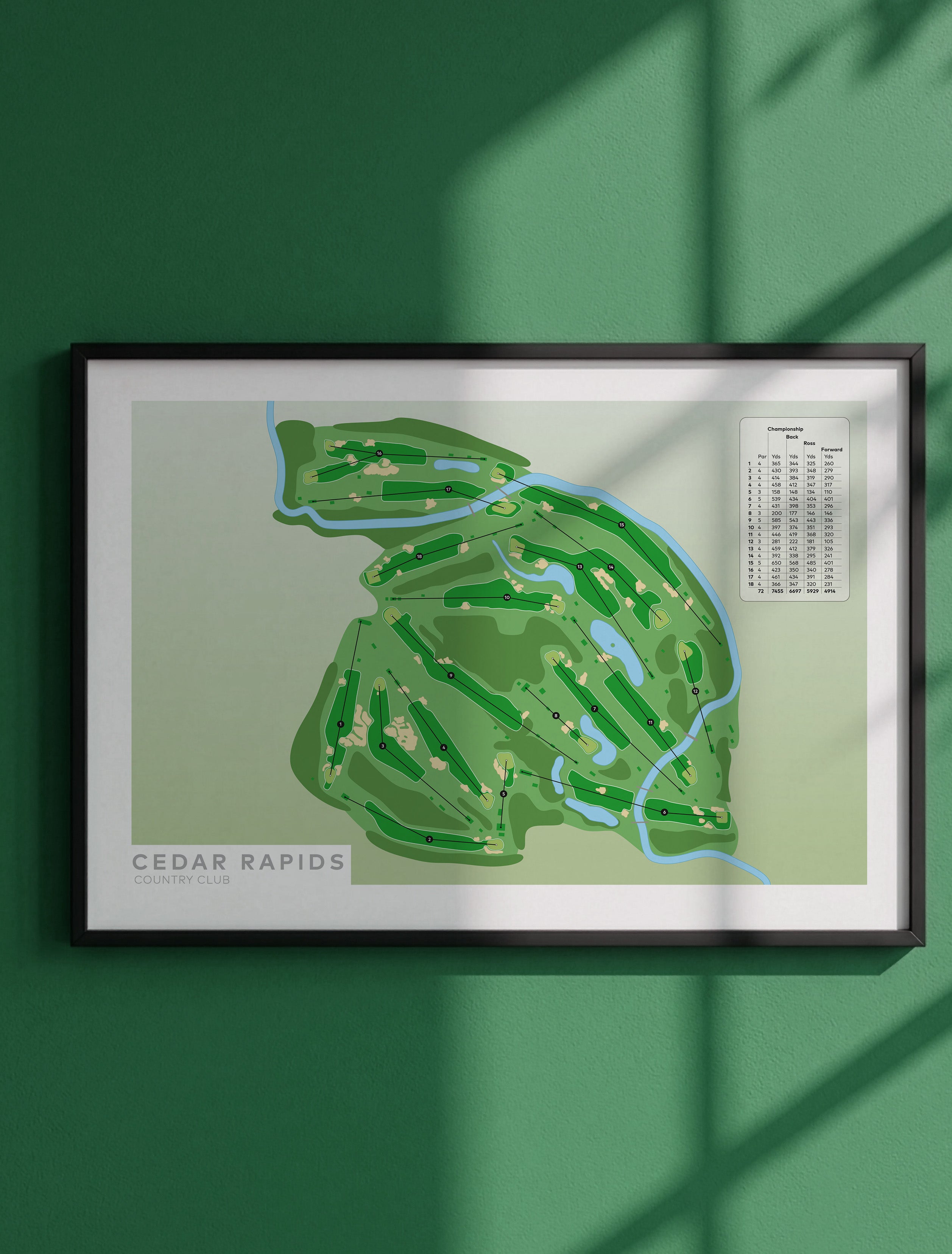 Framed minimalist fine art map of Cedar Rapids Golf Course, Linn County, Iowa, Midwest, USA