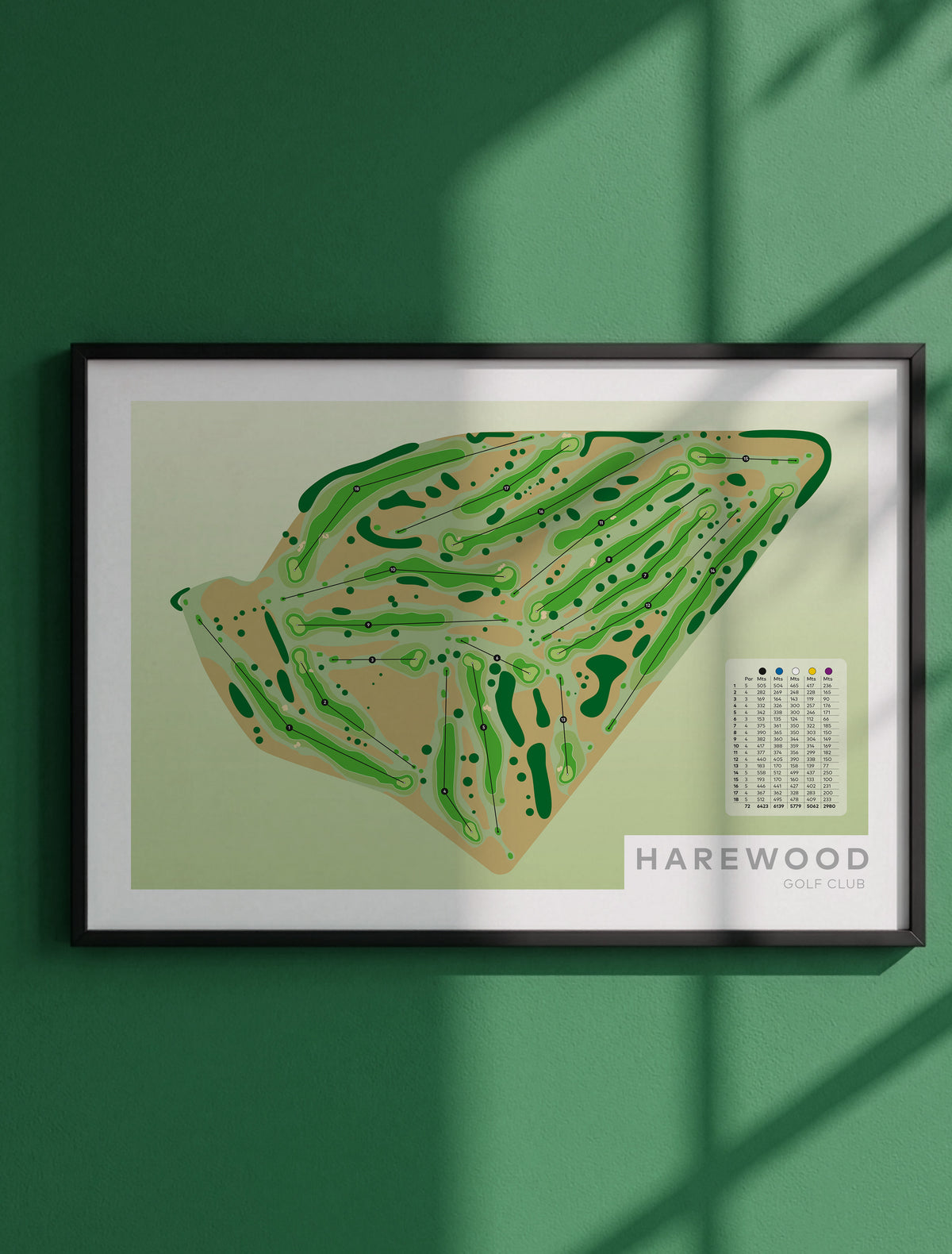 Framed minimalist fine art map of Harewood Golf Course, Christchurch, Canterbury, New Zealand