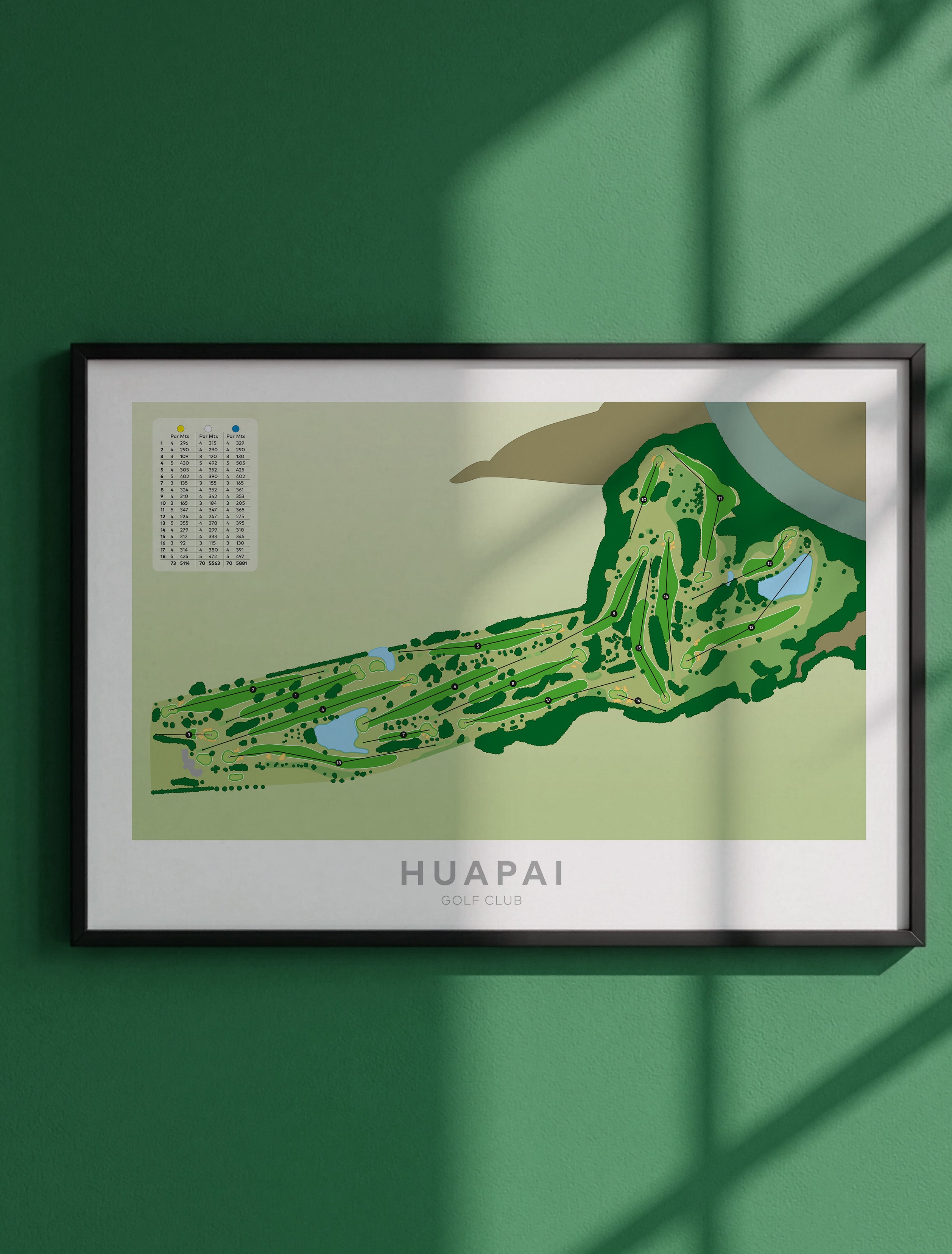 Framed minimalist fine art map of Huapai Golf Course, West Auckland, New Zealand