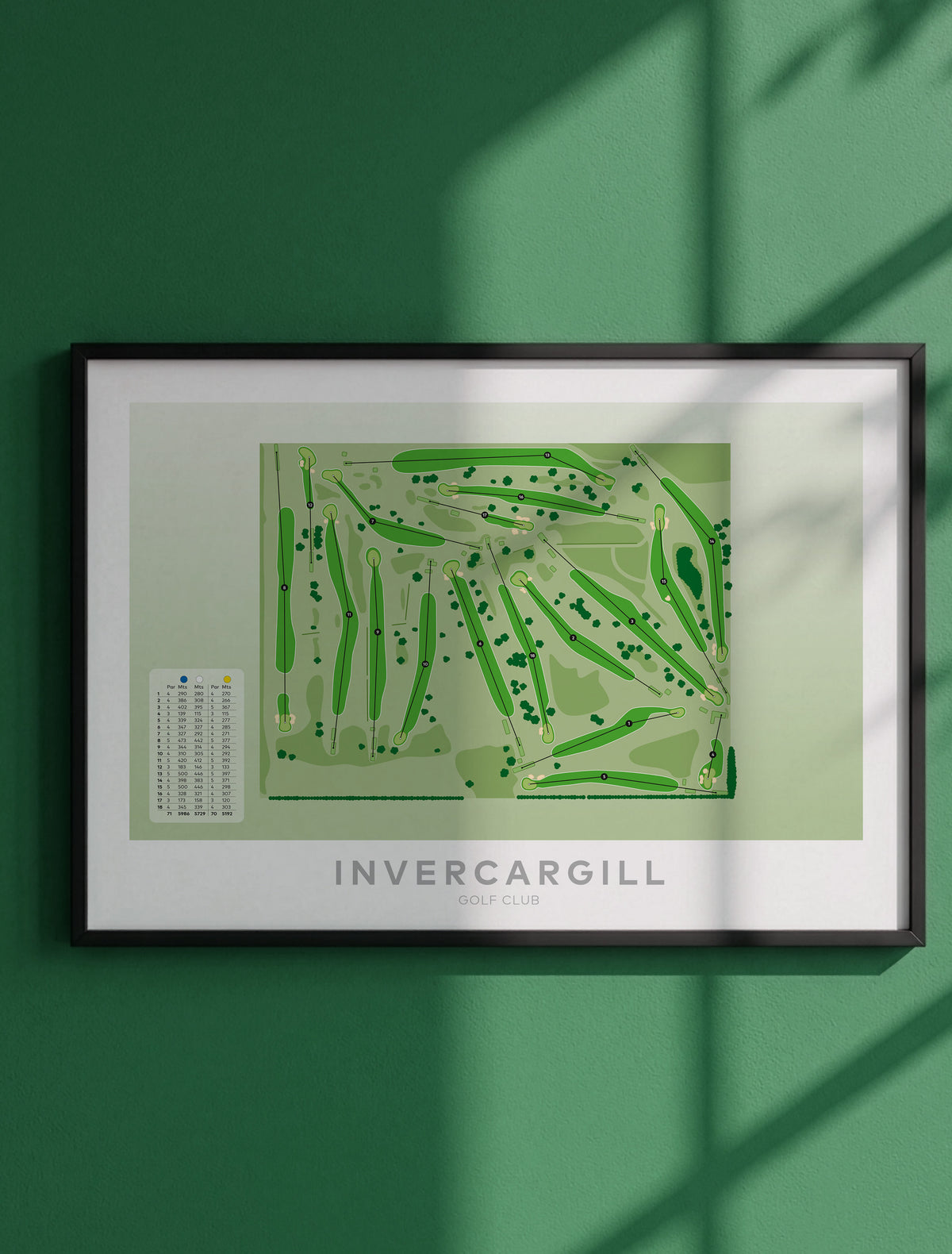 Framed minimalist fine art map of Invercargill Golf Course, Southland, New Zealand