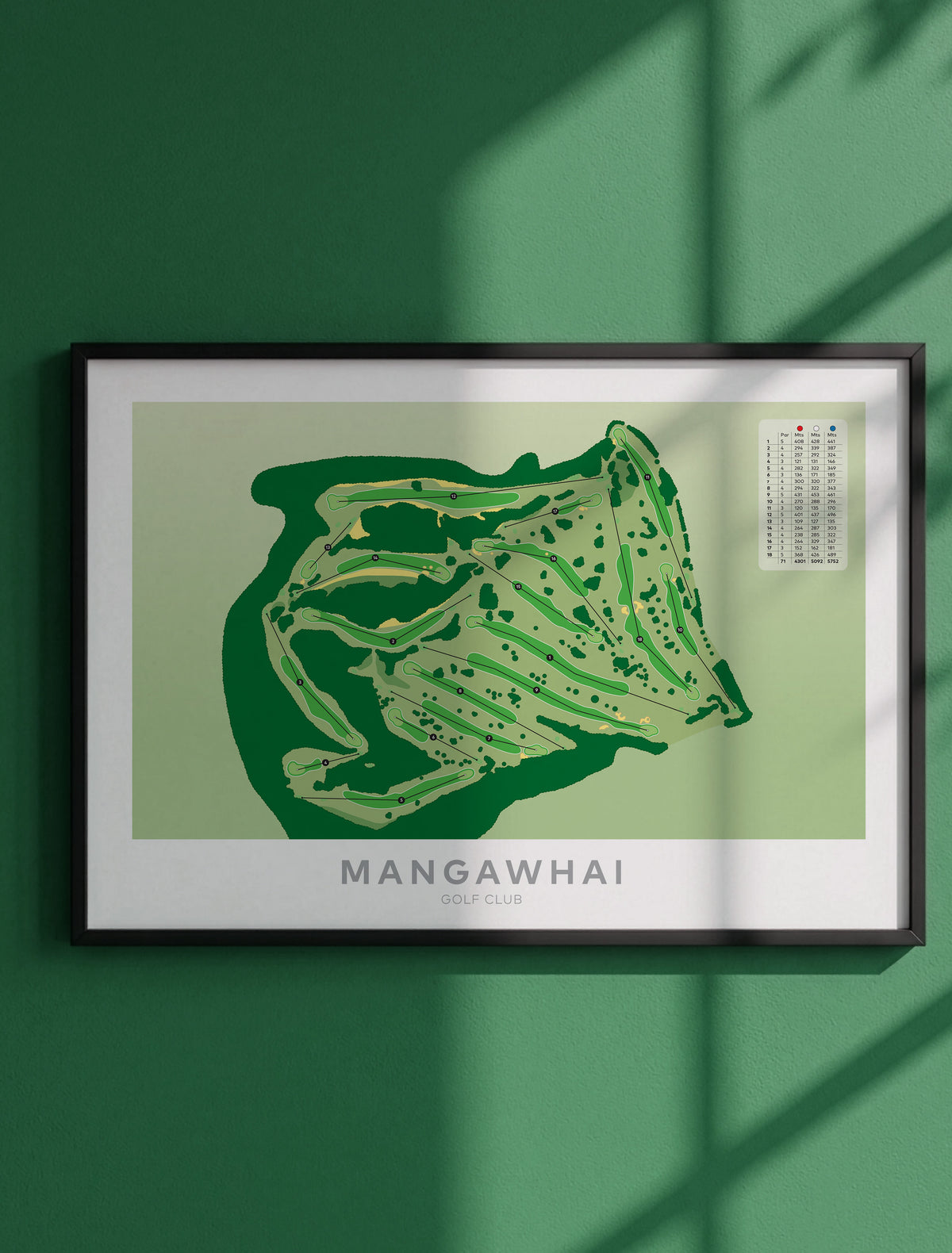 Framed Minimalist fine art map of Mangawhai Golf Course, Northland, New Zealand