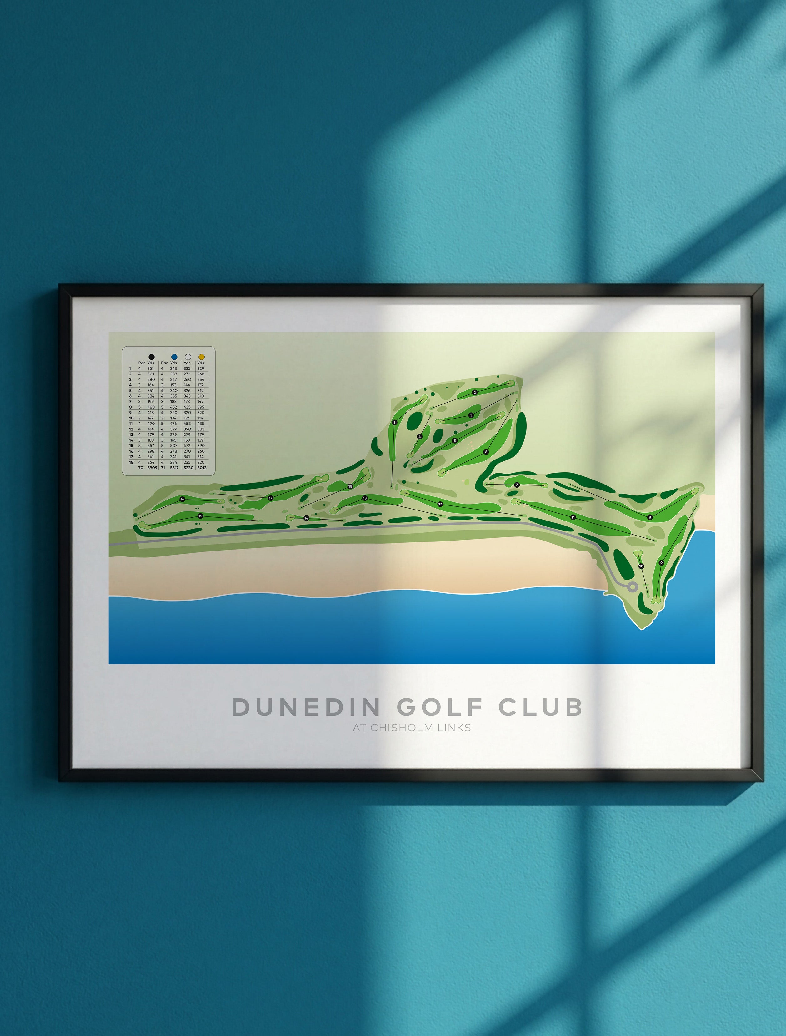 Framed Minimalist fine art map of Dunedin - Chisholm Links Golf Course, Otago, New Zealand