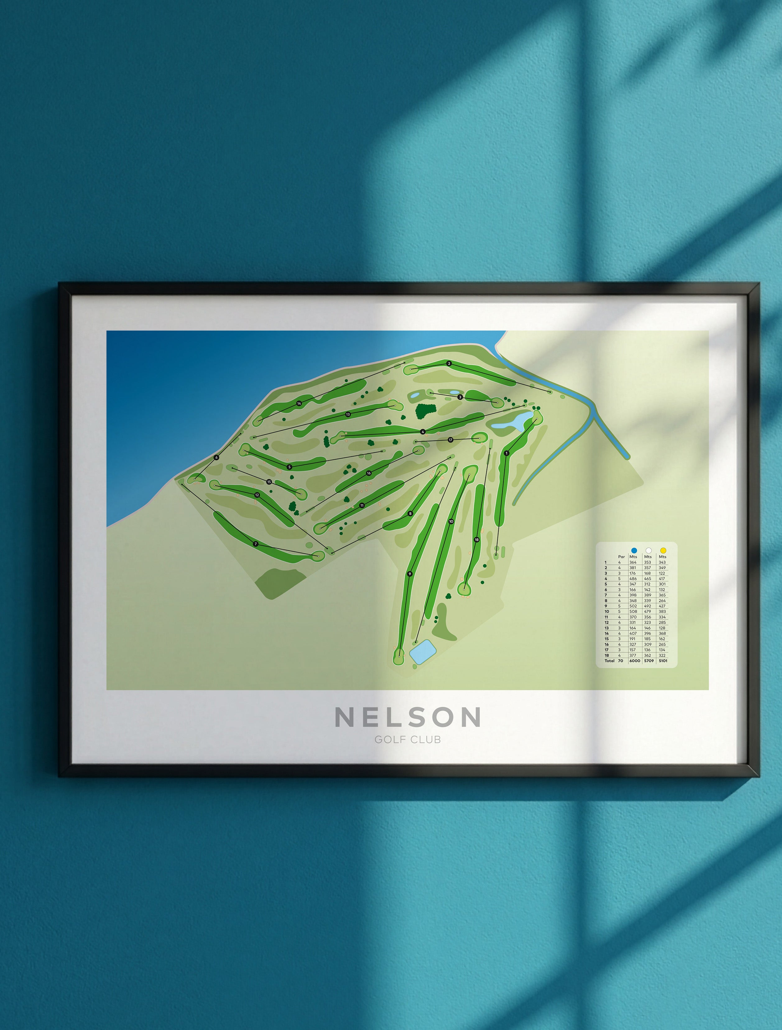 Framed Minimalist fine art map of Nelson Golf Course, Tasman Region, New Zealand