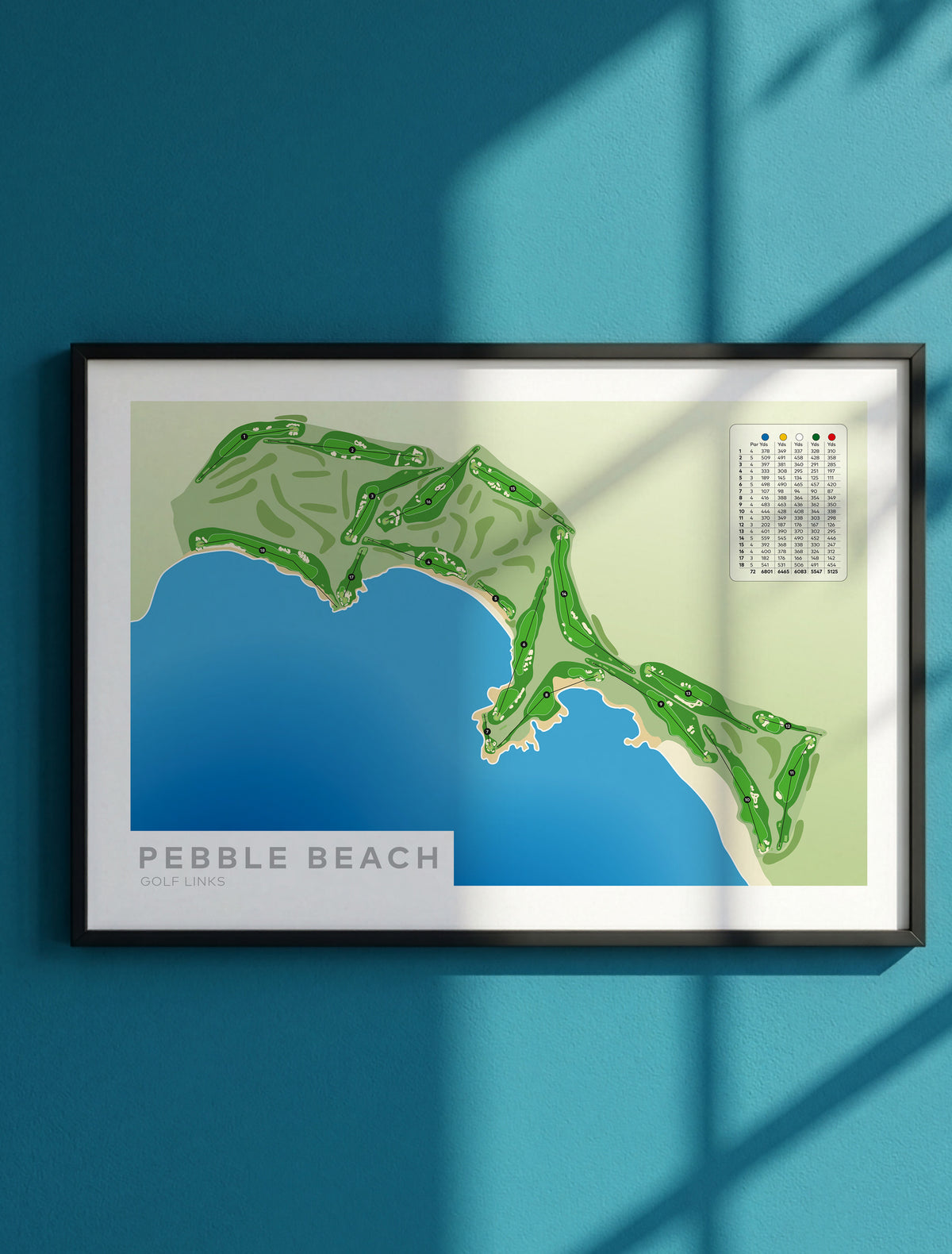 Framed Minimalist fine art map of Pebble Beach Golf Course, California, USA