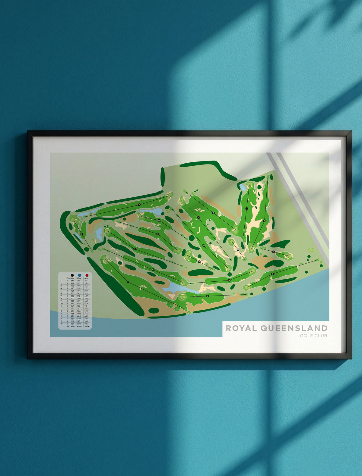 Royal_Queensland_Australia-Golf-course-Framed-print-Black frame, blue wall sunlight
