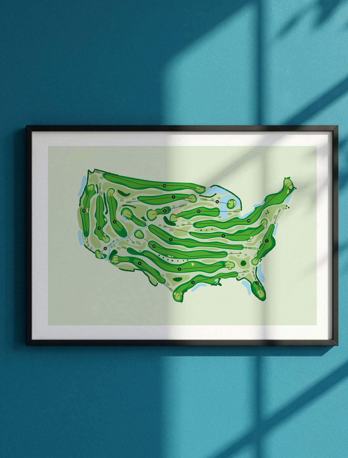 Framed Minimalist fine art map of USA shaped Golf Course, A hand-drawn golf map in the outline of the USA