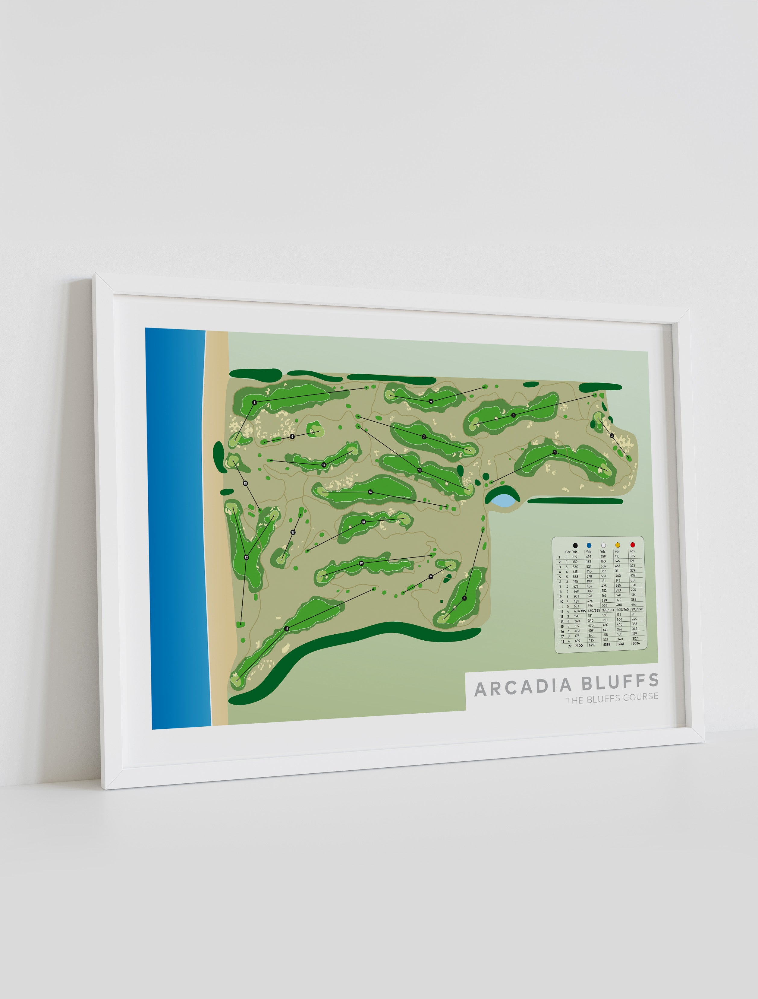 Framed minimalist fine art map of Arcadia Bluffs Golf Course, Michigan, Midwest, Manistee County, USA