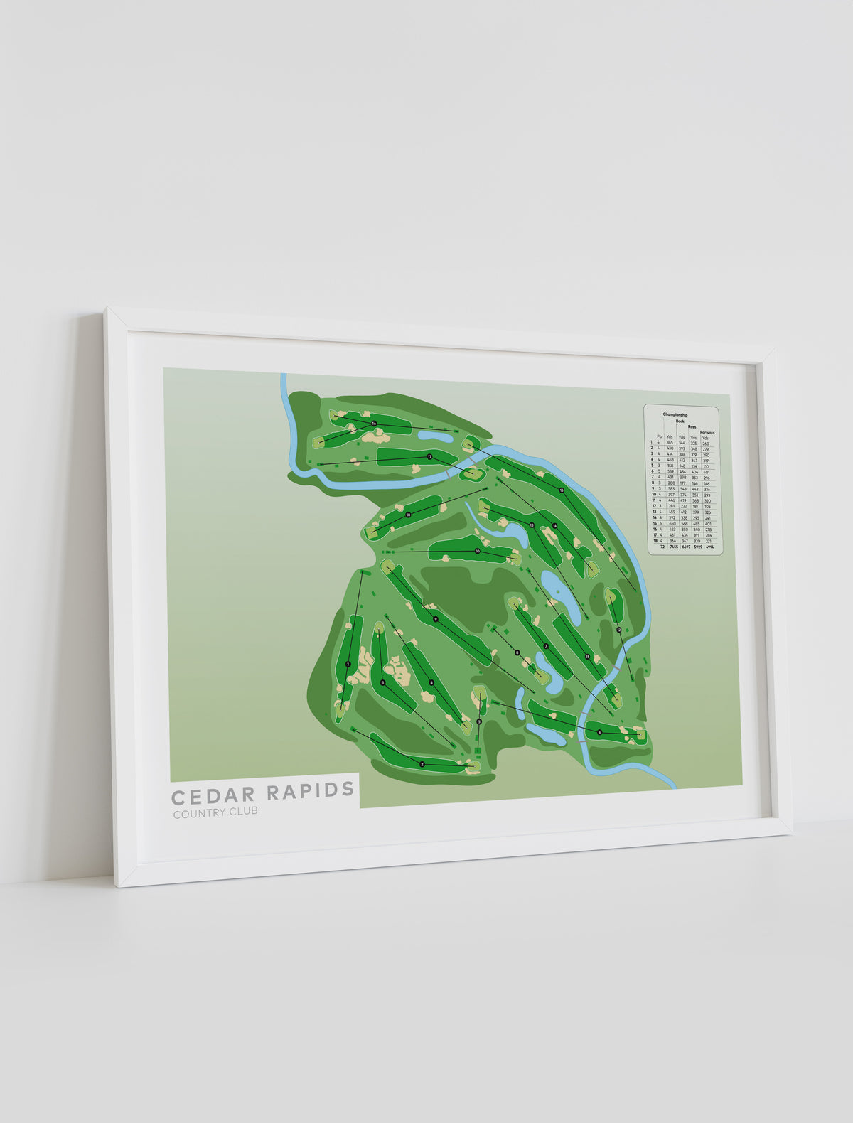 Framed minimalist fine art map of Cedar Rapids Golf Course, Linn County, Iowa, Midwest, USA