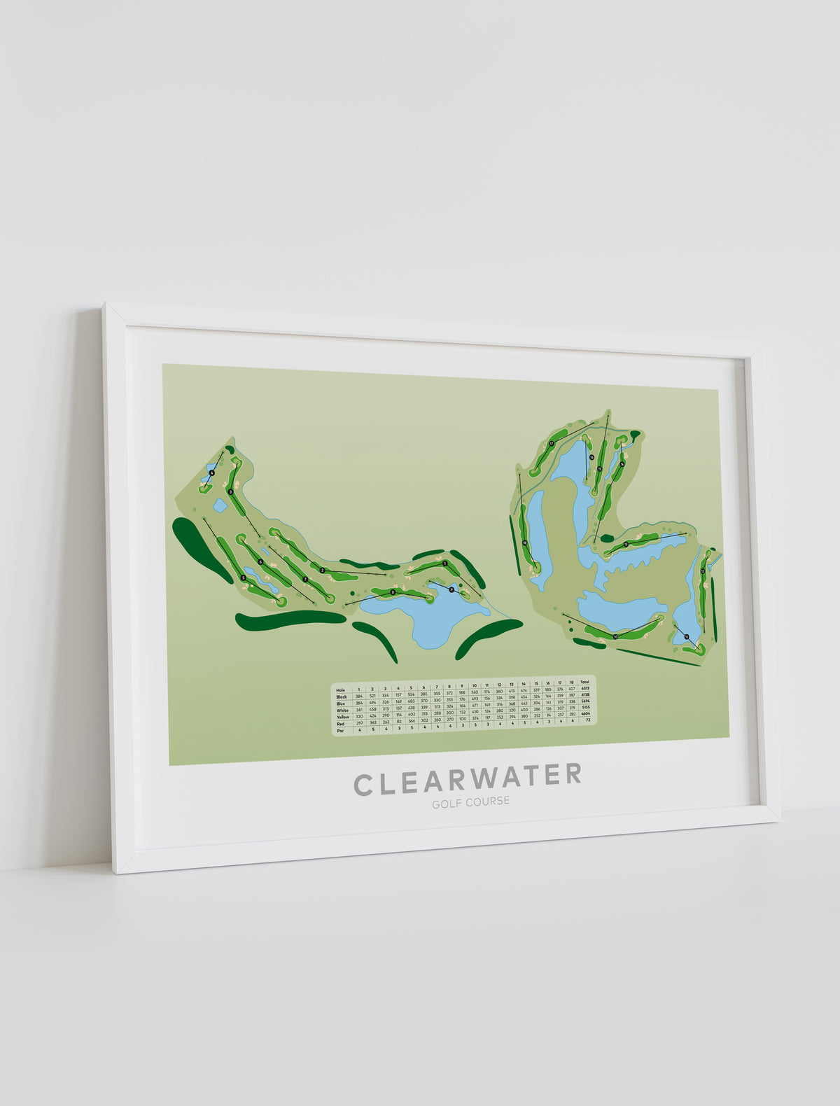 Framed minimalist fine art map of Clearwater Golf Course, Christchurch, Canterbury, New Zealand