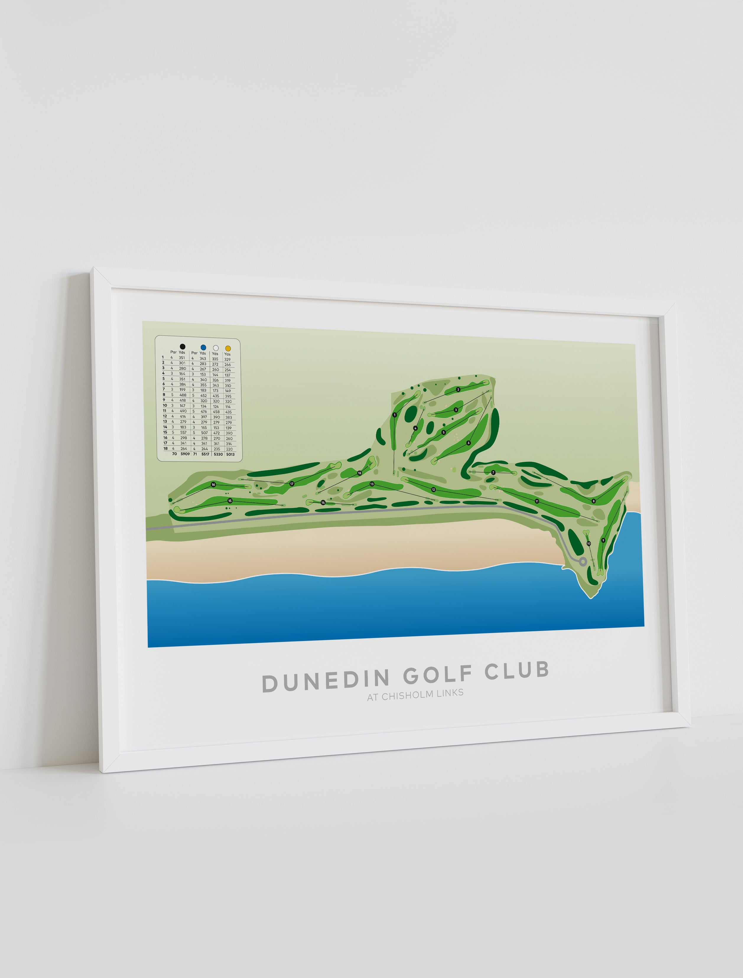 Framed Minimalist fine art map of Dunedin - Chisholm Links Golf Course, Otago, New Zealand