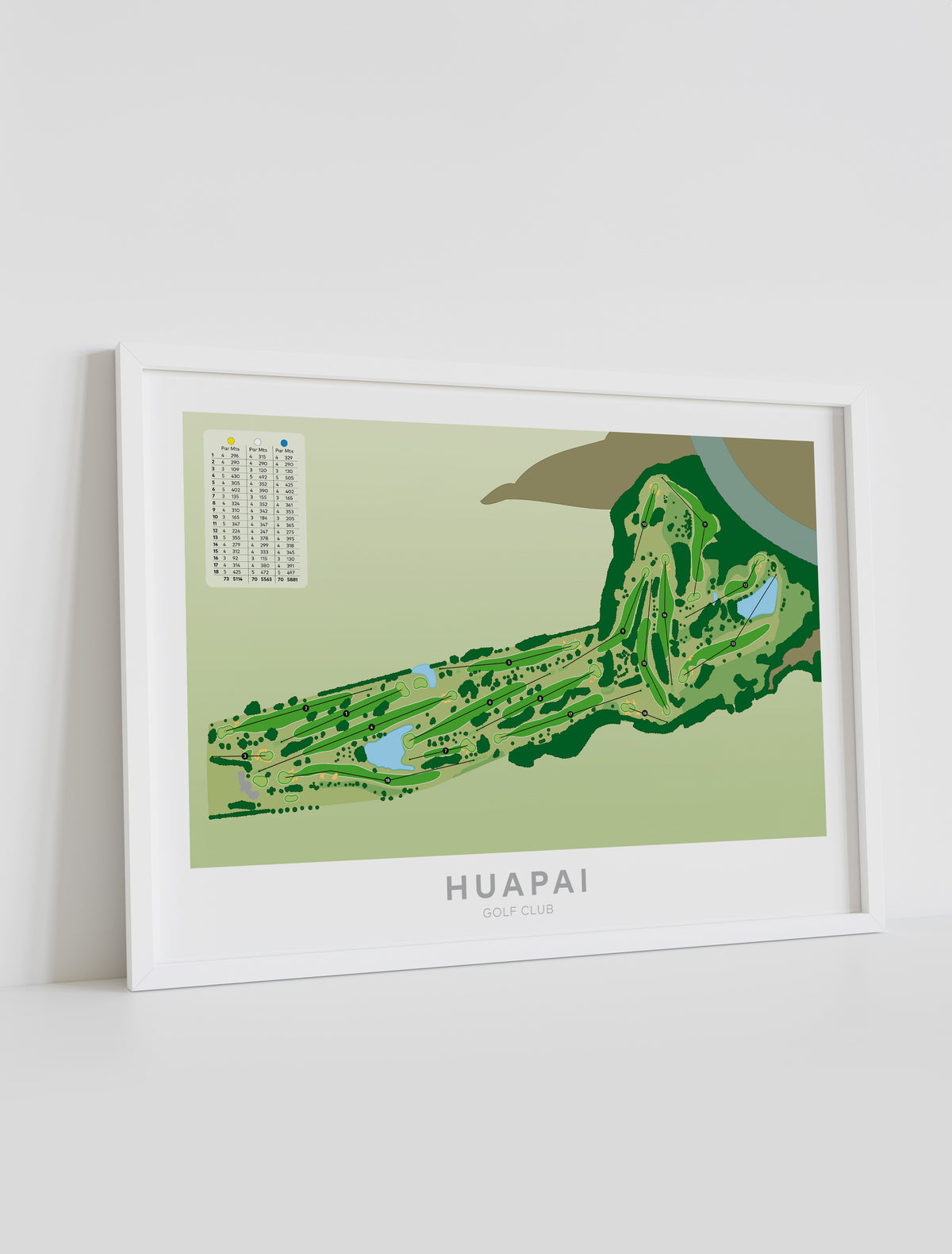 Framed minimalist fine art map of Huapai Golf Course, West Auckland, New Zealand