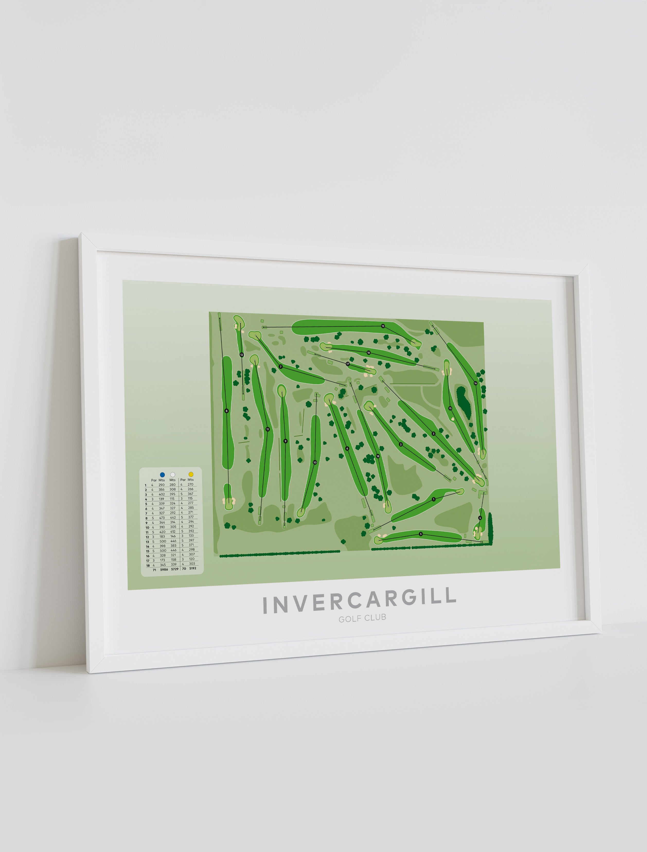 Framed minimalist fine art map of Invercargill Golf Course, Southland, New Zealand