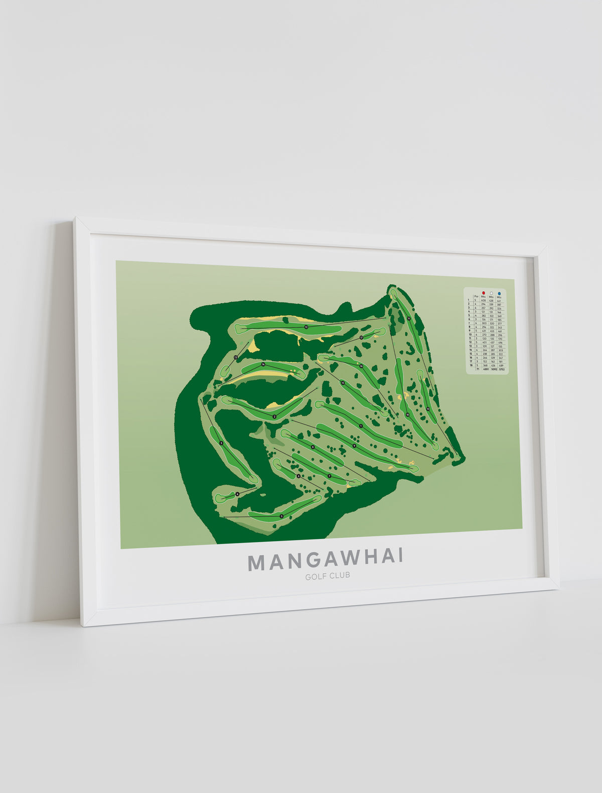 Framed Minimalist fine art map of Mangawhai Golf Course, Northland, New Zealand