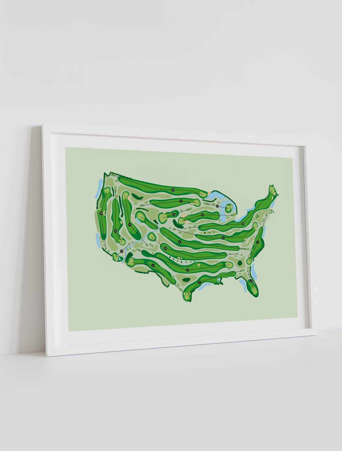 Framed Minimalist fine art map of USA shaped Golf Course, A hand-drawn golf map in the outline of the USA