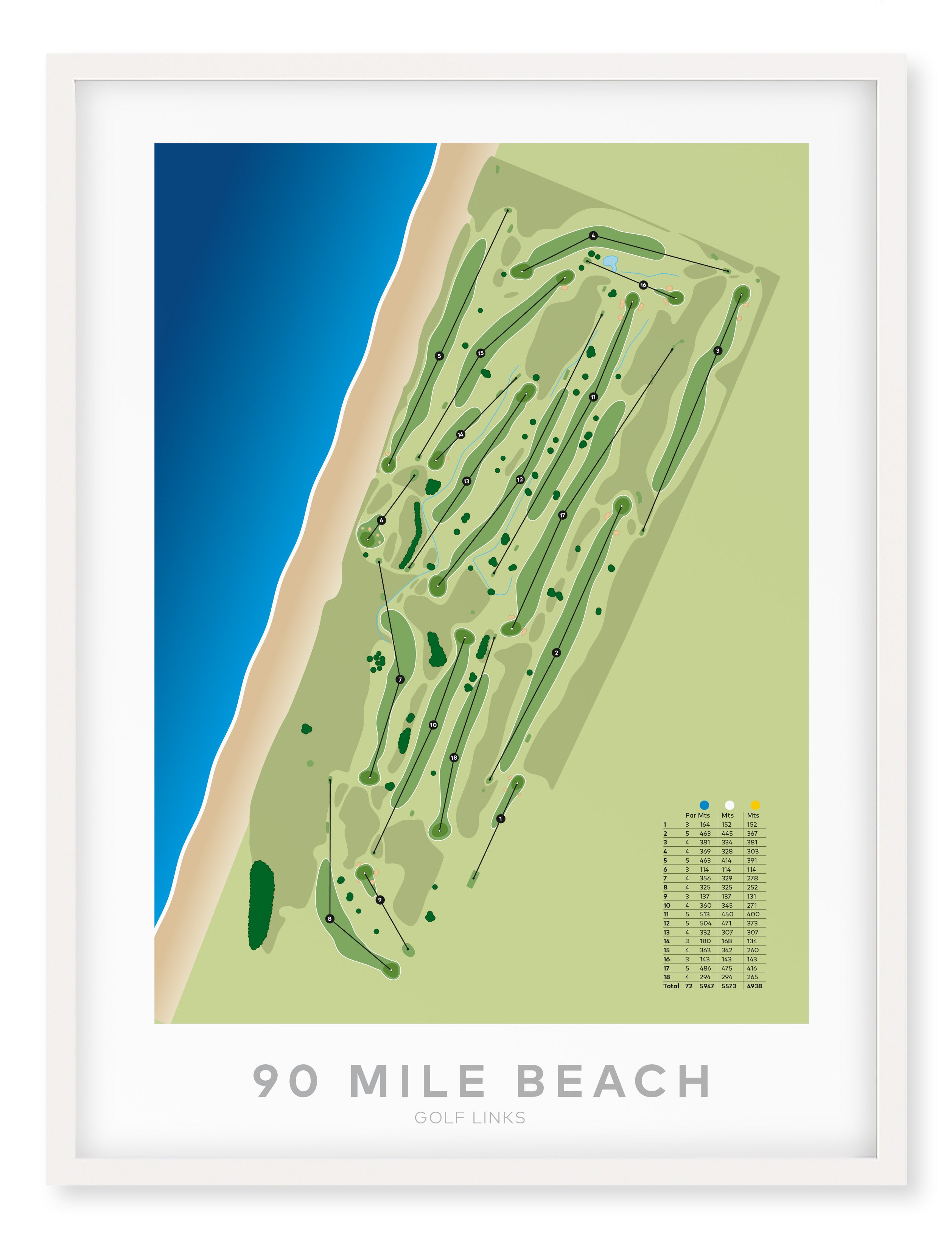 White framed minimalist fine art map of 90 Mile Beach (Kaitaia) Golf Course, Northland, New Zealand