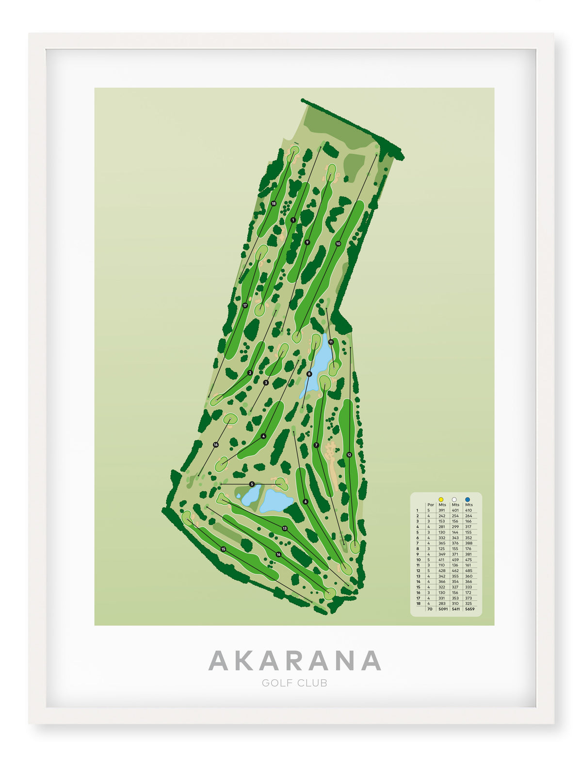 White framed minimalist fine art map of Akarana Golf Course, Auckland, New Zealand