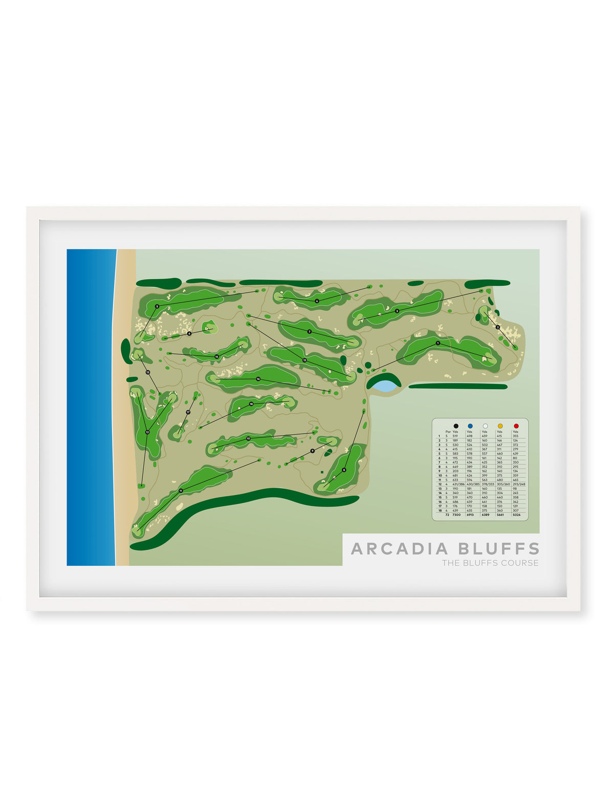 White minimalist fine art map of Arcadia Bluffs Golf Course, Michigan, Midwest, Manistee County, USA