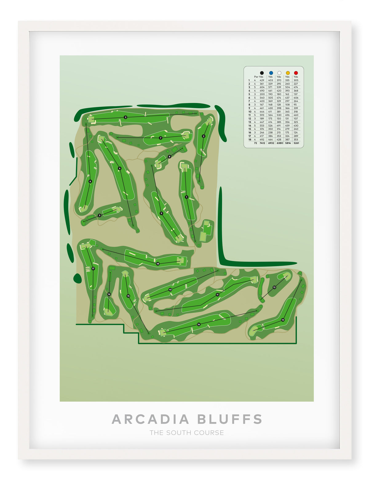 White framed minimalist fine art map of Arcadia Bluffs South Golf Course, Michigan, Midwest, Manistee County, USA