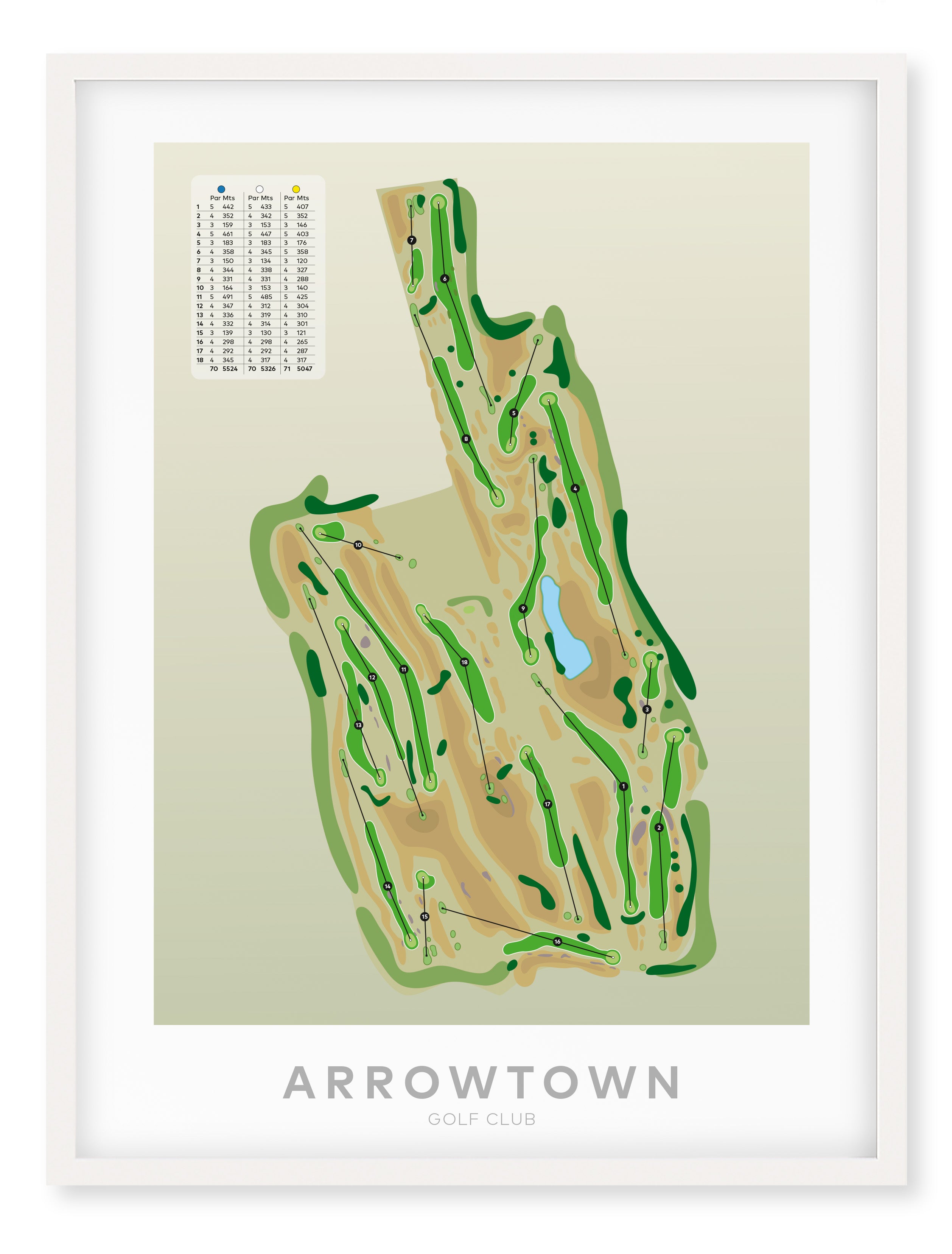 White framed minimalist fine art map of Arrowtown Golf Course, Queenstown Lakes Region, Otago, New Zealand