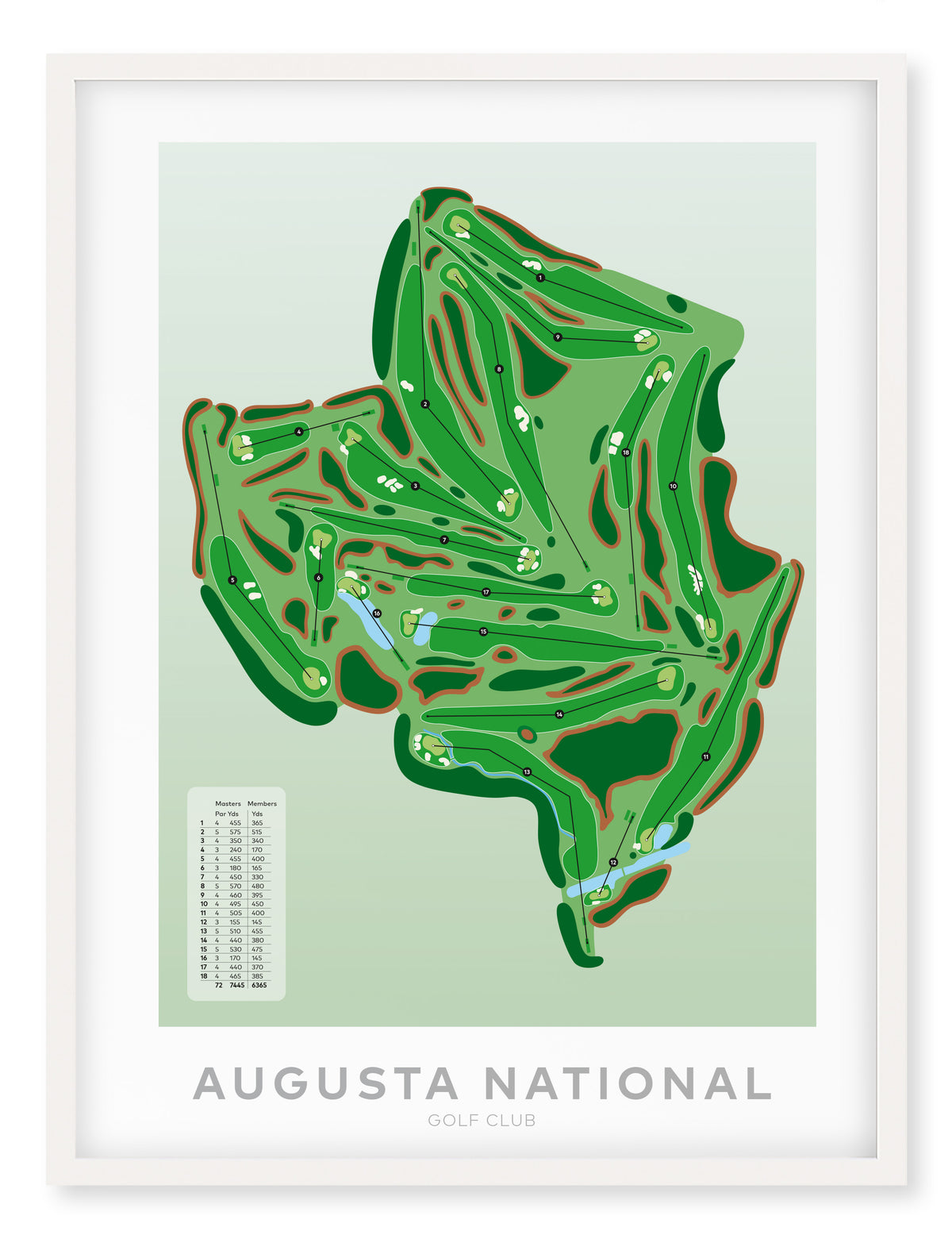 White framed minimalist fine art map of Augusta National Golf Course, Georgia, Southeast, Richmond County, USA