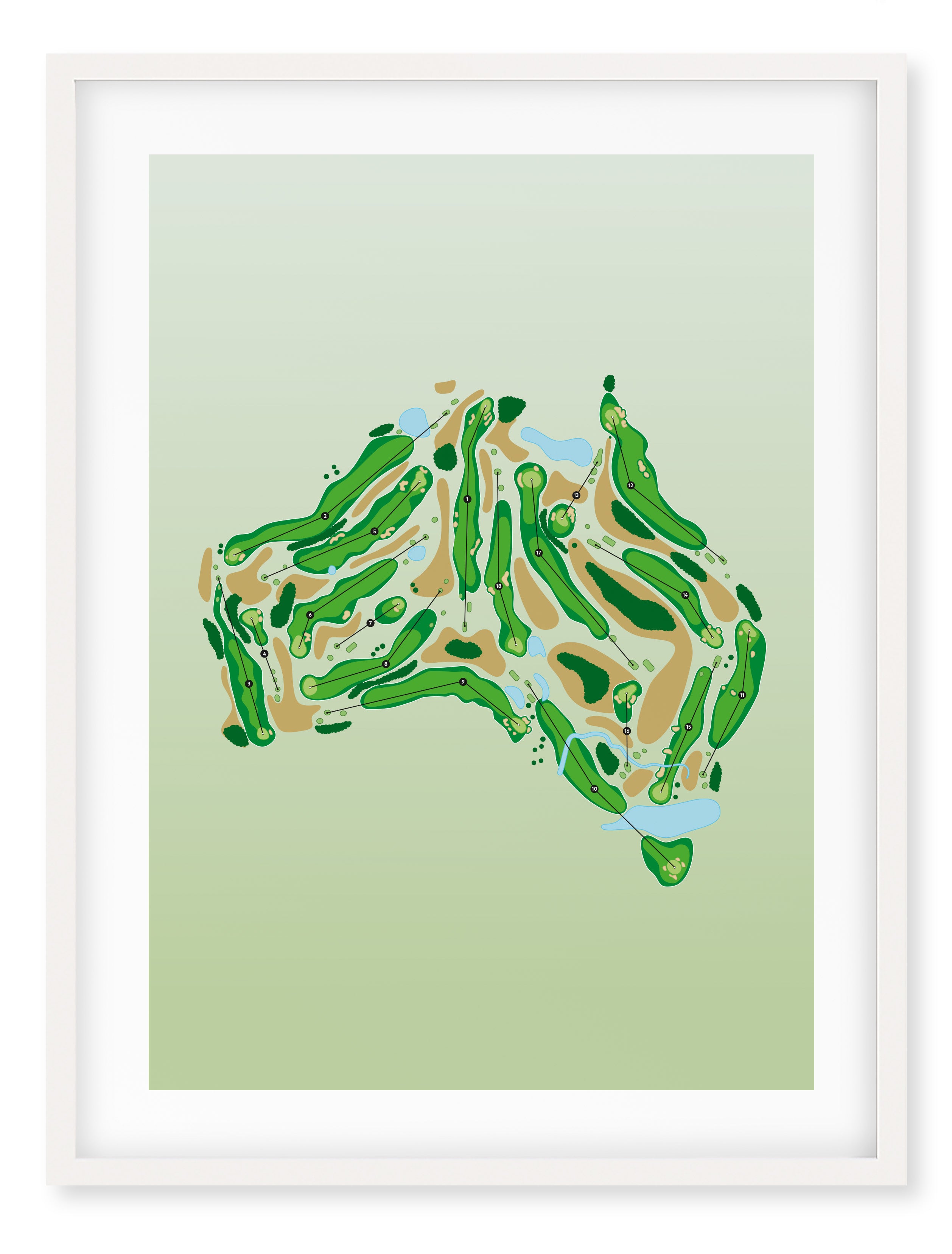 Black framed minimalist fine art map of Australia Golf Course, concept artwork