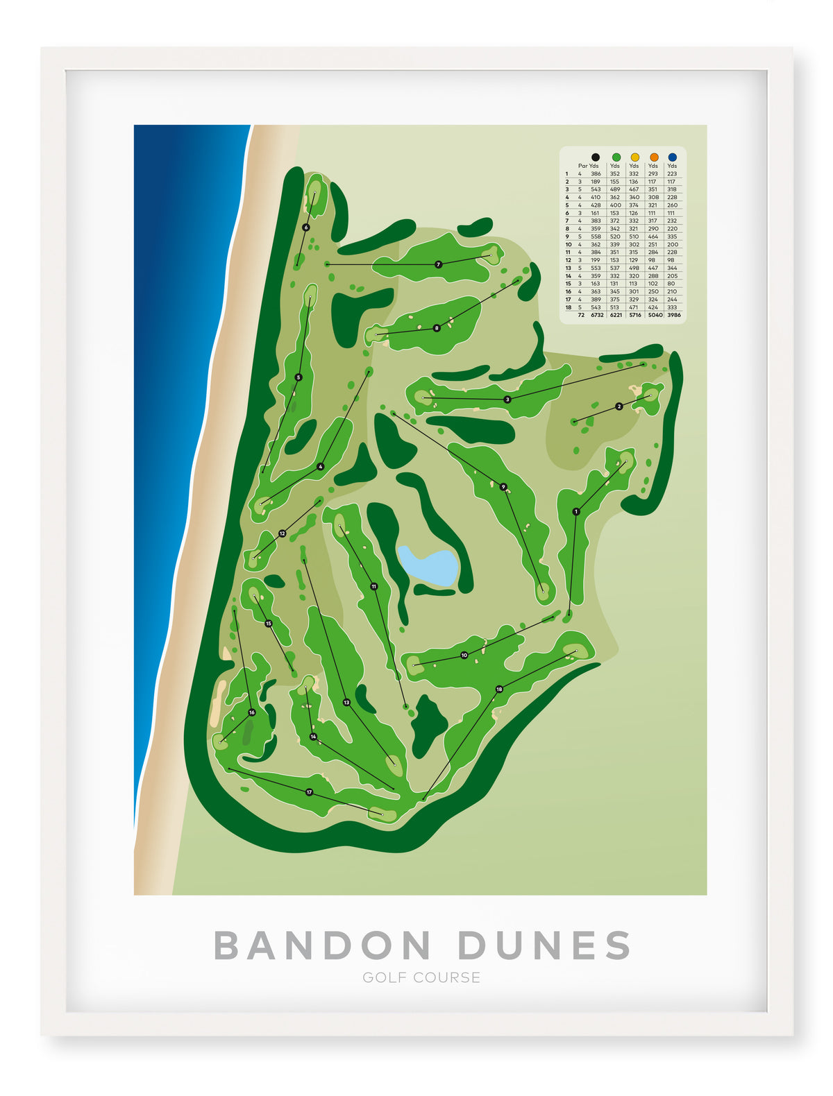 White framed minimalist fine art map of Bandon Dunes Golf Course, Oregon, Pacific Northwest, Coos Country, USA