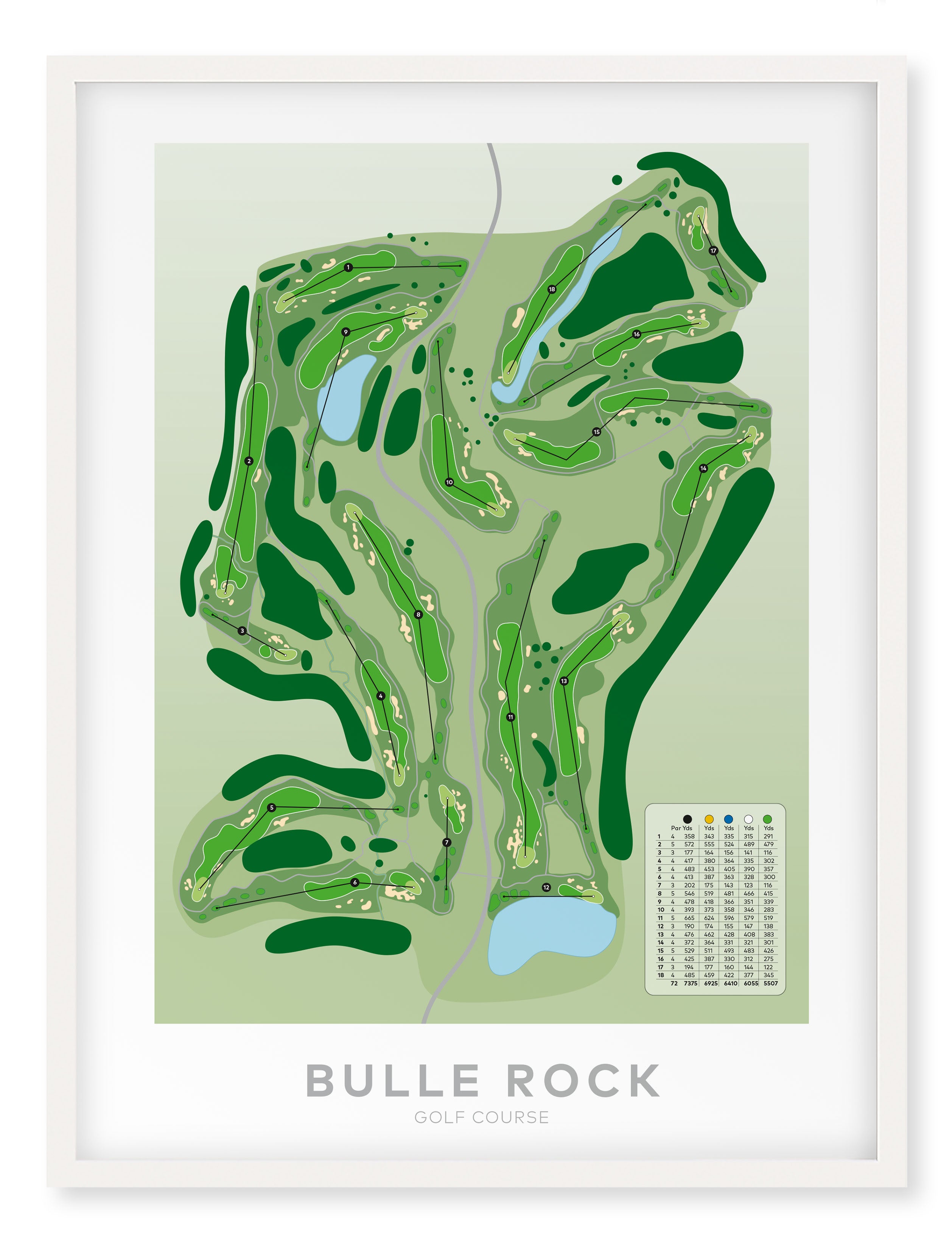 A framed golf course map print for Bulle Rock Golf Course, featuring a stylized green layout with water hazards and a small handicap card graphic, presented in a white frame against a clean white background.