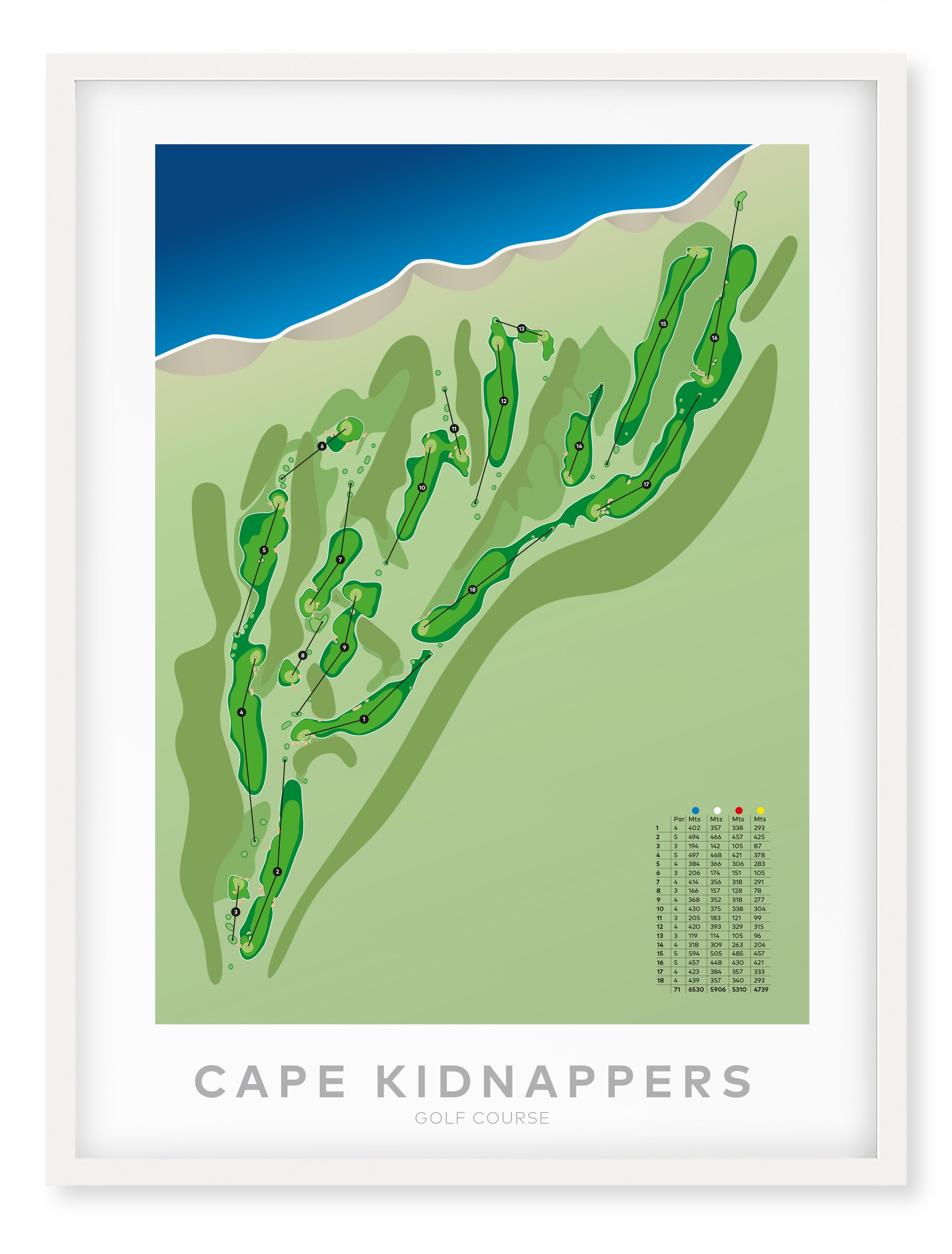 White framed minimalist fine art map of Cape Kidnappers Golf Course, Hawke’s Bay, New Zealand
