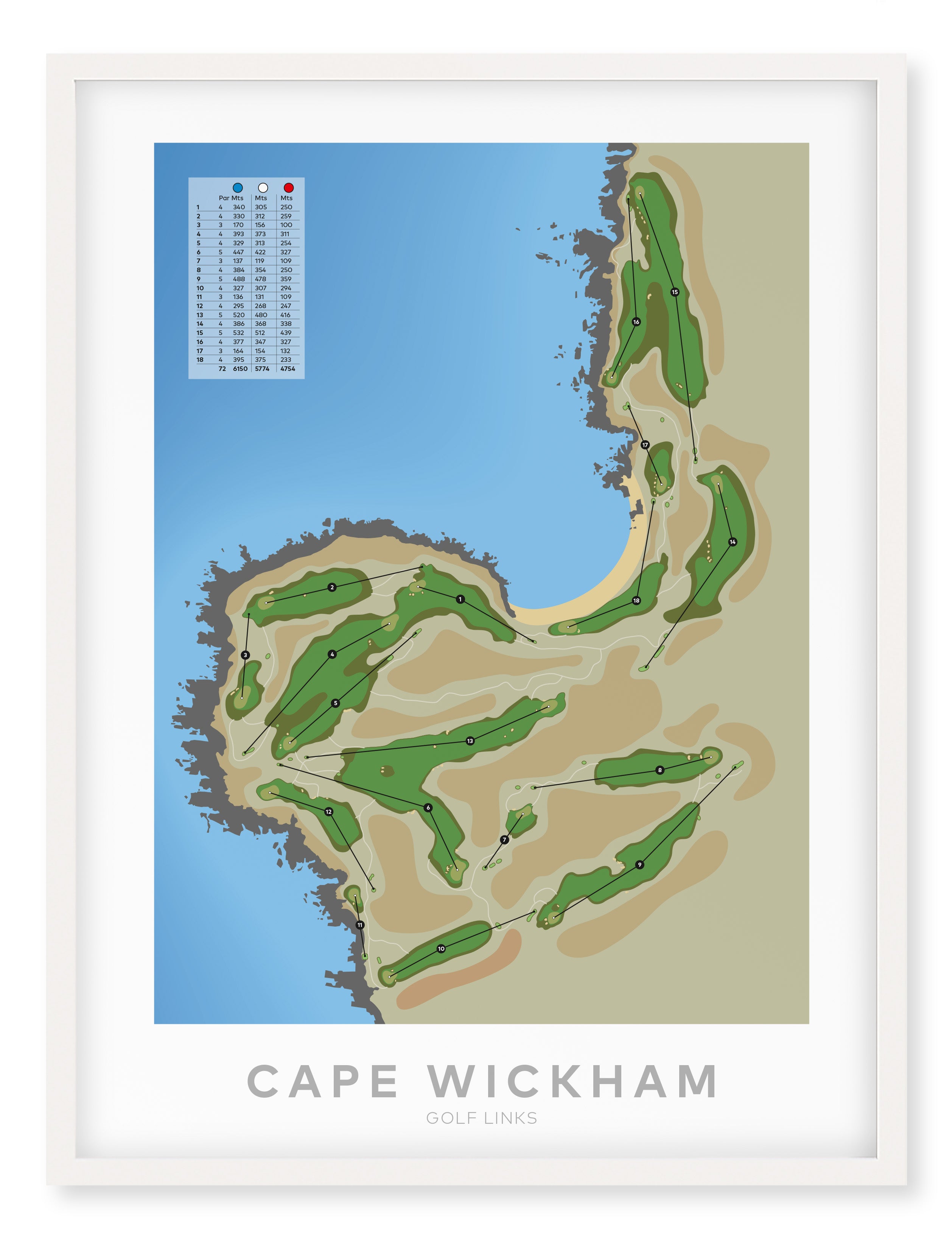 White framed minimalist fine art map of Cape Wickham Golf Course, Tasmania, King Island, Australia-australia-golf-art