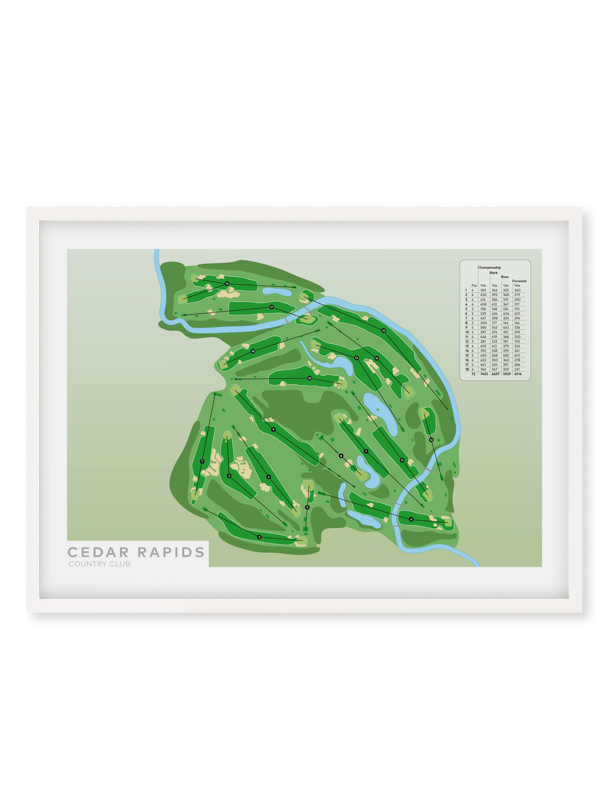 White framed minimalist fine art map of Cedar Rapids Golf Course, Linn County, Iowa, Midwest, USA