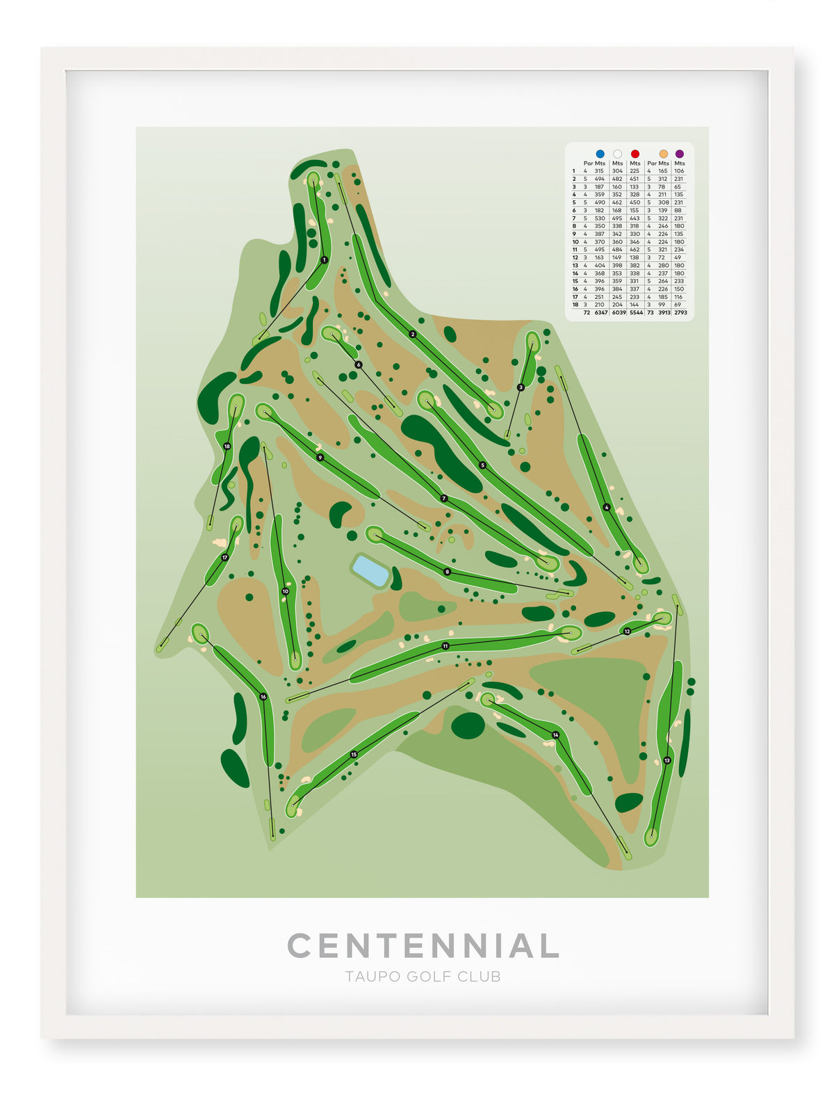 White framed Minimalist fine art map of Taupo - Centennial Golf Course, Waikato, New Zealand