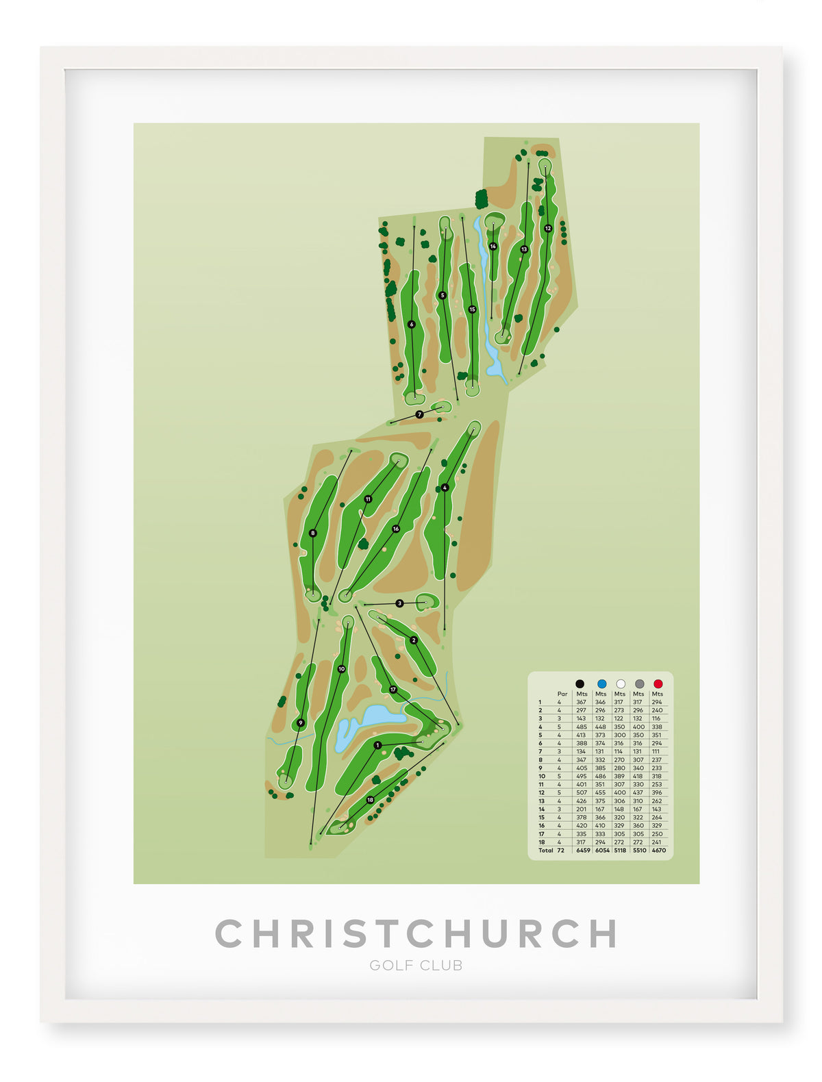White framed minimalist fine art map of Christchurch Golf Course, ChCh, Canterbury, New Zealand