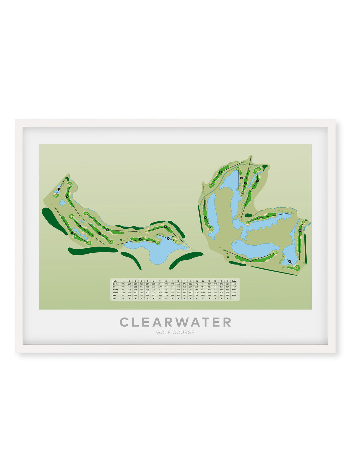 White framed minimalist fine art map of Clearwater Golf Course, Christchurch, Canterbury, New Zealand