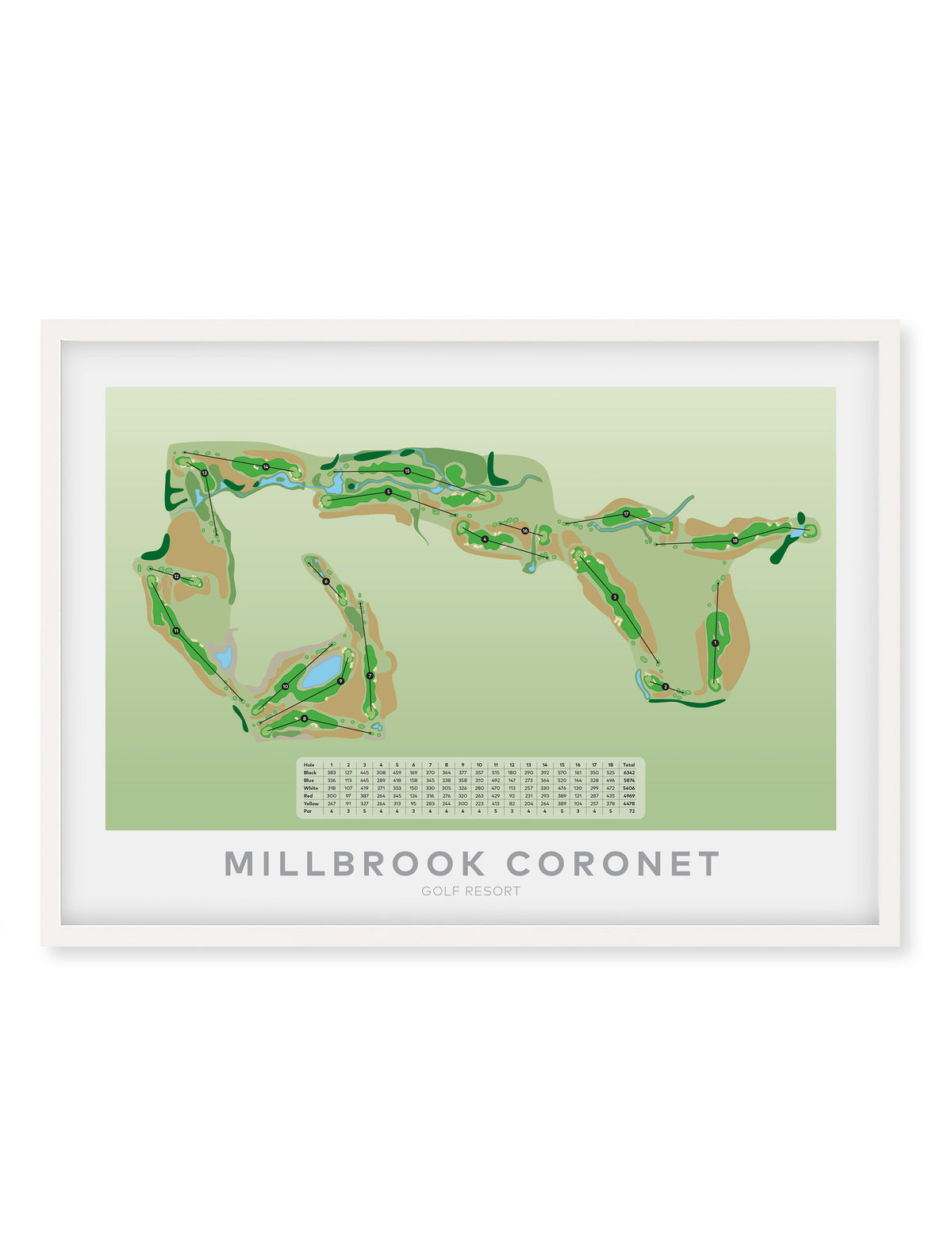White framed minimalist fine art map of Millbrook - Coronet Golf Course, Queenstown Lakes Region, New Zealand