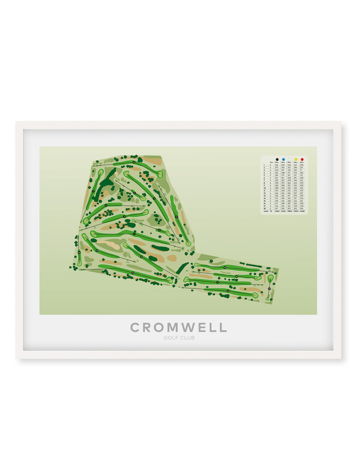 White framed minimalist fine art map of Cromwell Golf Course, Central Otago District, Otago, South Island, New Zealand