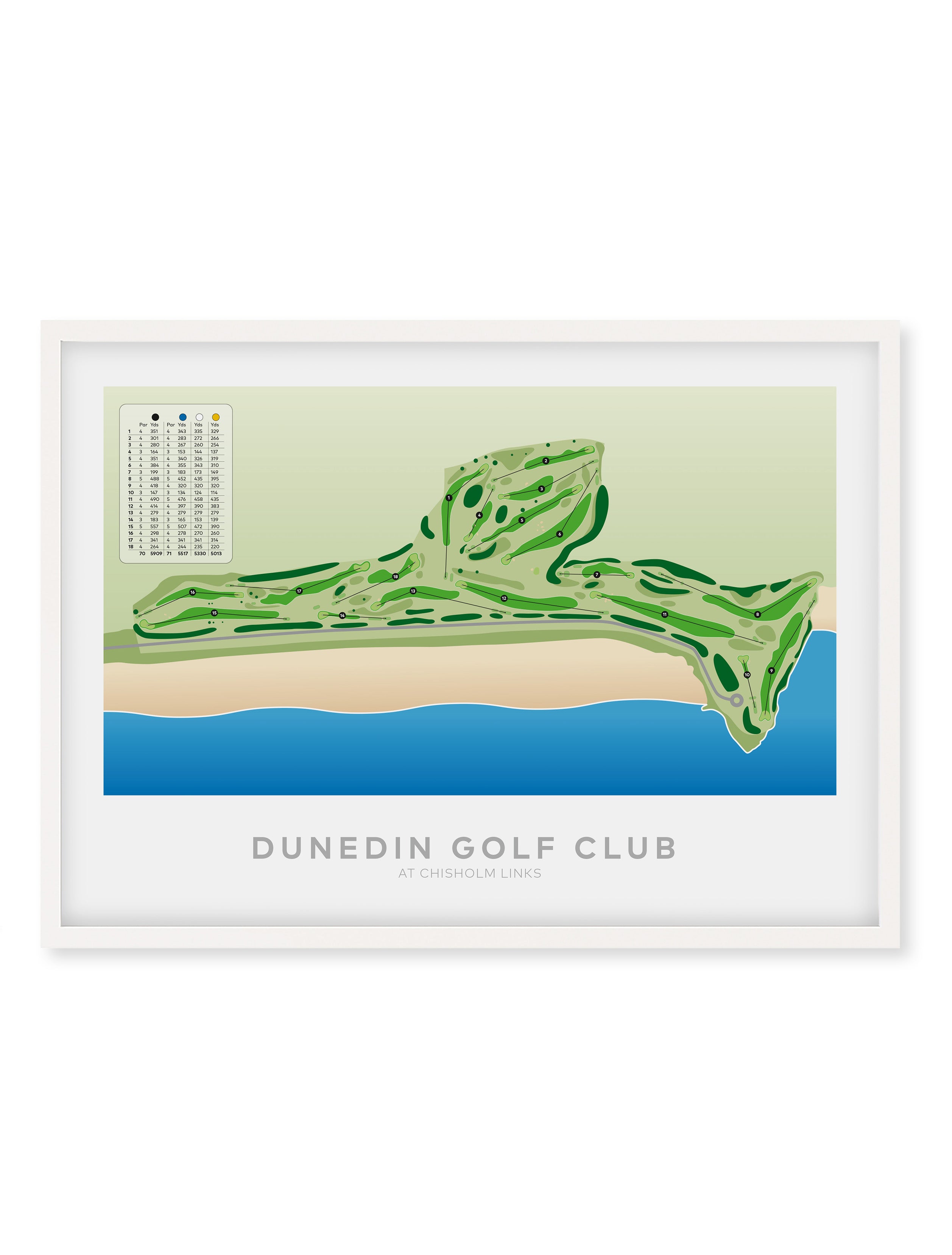 White framed Minimalist fine art map of Dunedin - Chisholm Links Golf Course, Otago, New Zealand