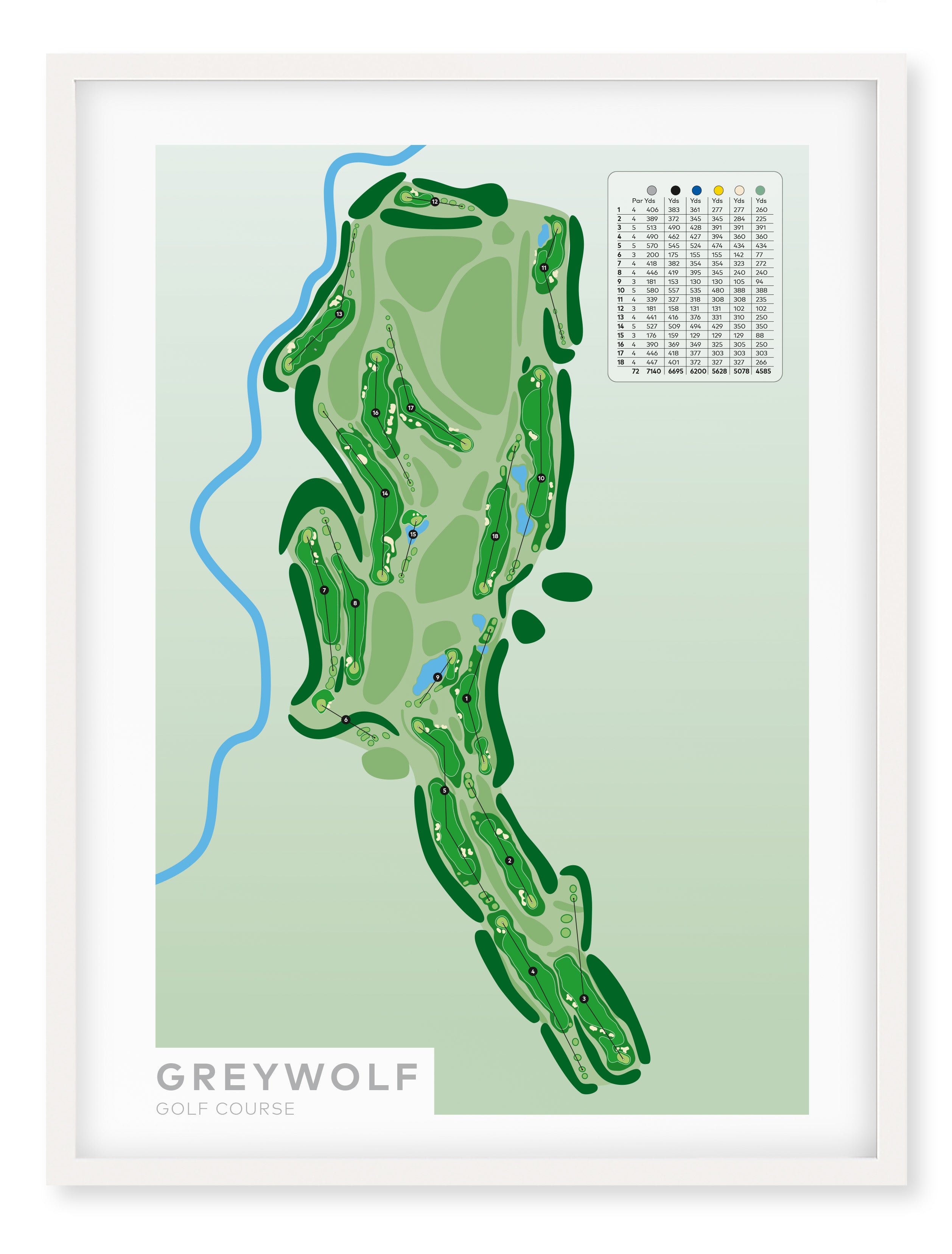 White framed minimalist fine art map of Greywolf Golf Course, Panorama, British Columbia, Canada