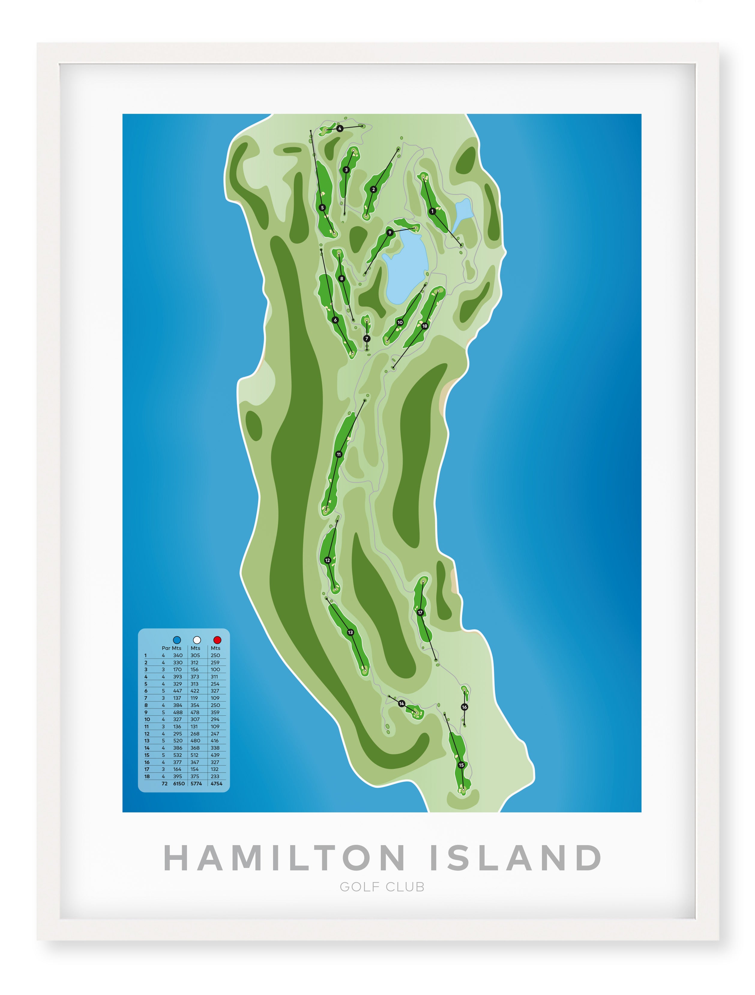 White framed minimalist fine art map of Hamilton Island Golf Course, Dent Island, Whitsundays, Queensland, Australia-australia-golf-art