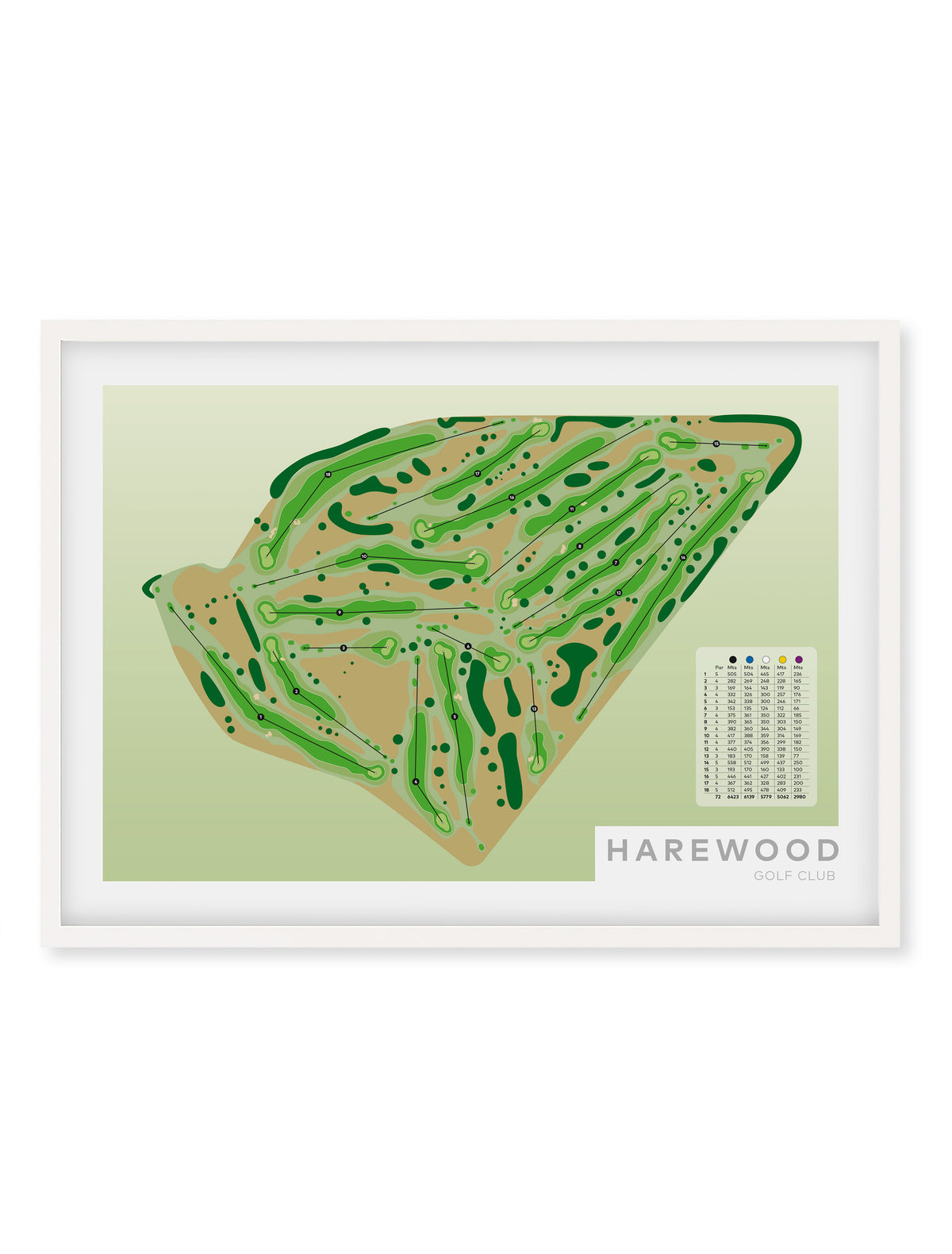 White framed minimalist fine art map of Harewood Golf Course, Christchurch, Canterbury, New Zealand