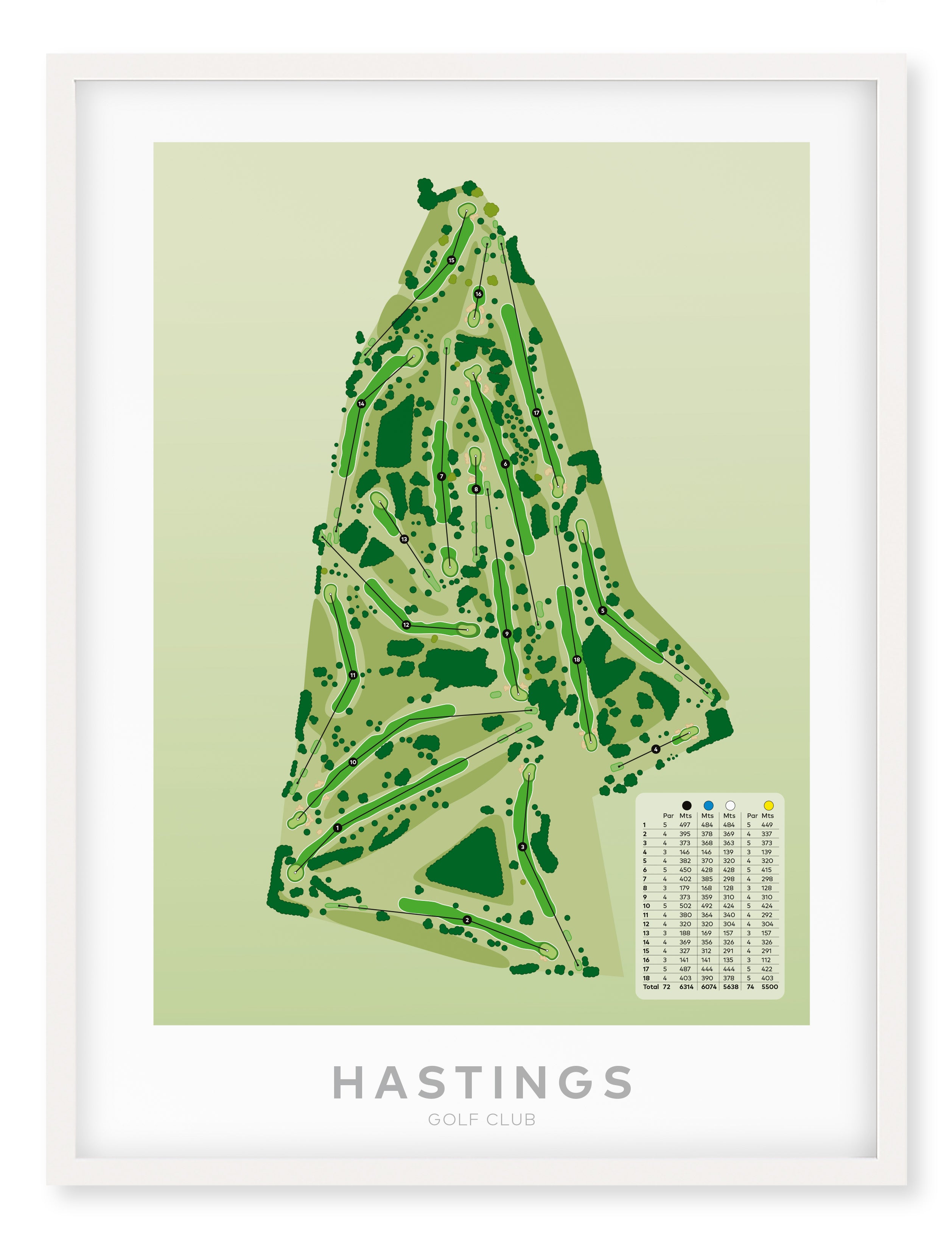 White framed minimalist fine art map of Hastings Golf Course, Bridge Pa, Hawke’s Bay, New Zealand