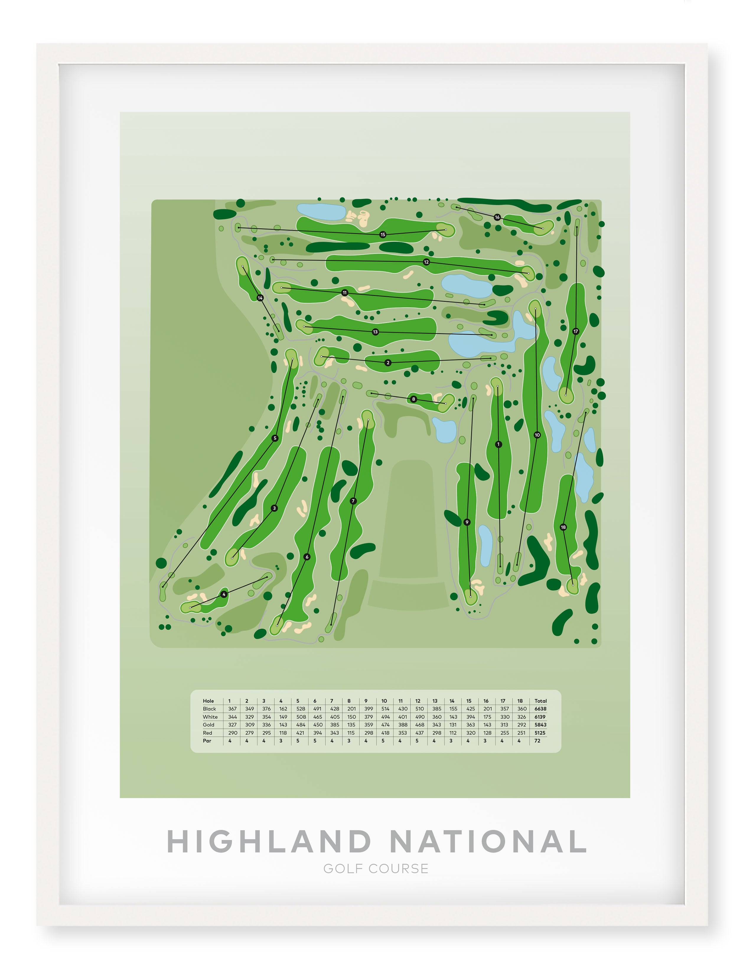 White Framed minimalist golf course map of Highland National Golf Course featuring Minnesota’s most famous golf hazard: the world-renowned Snoopy bunker. 