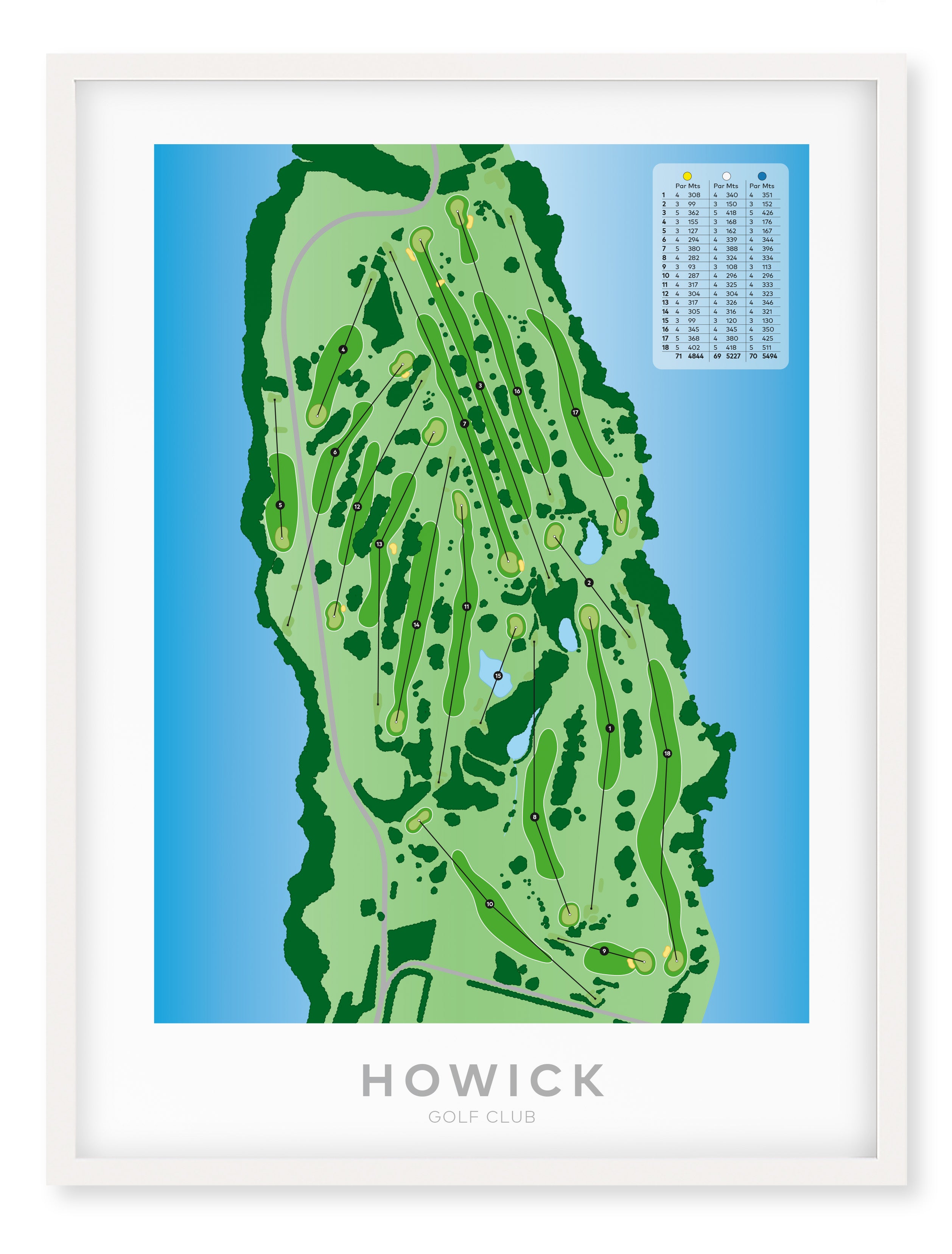 White framed minimalist fine art map of Howick Golf Course, Auckland, New Zealand