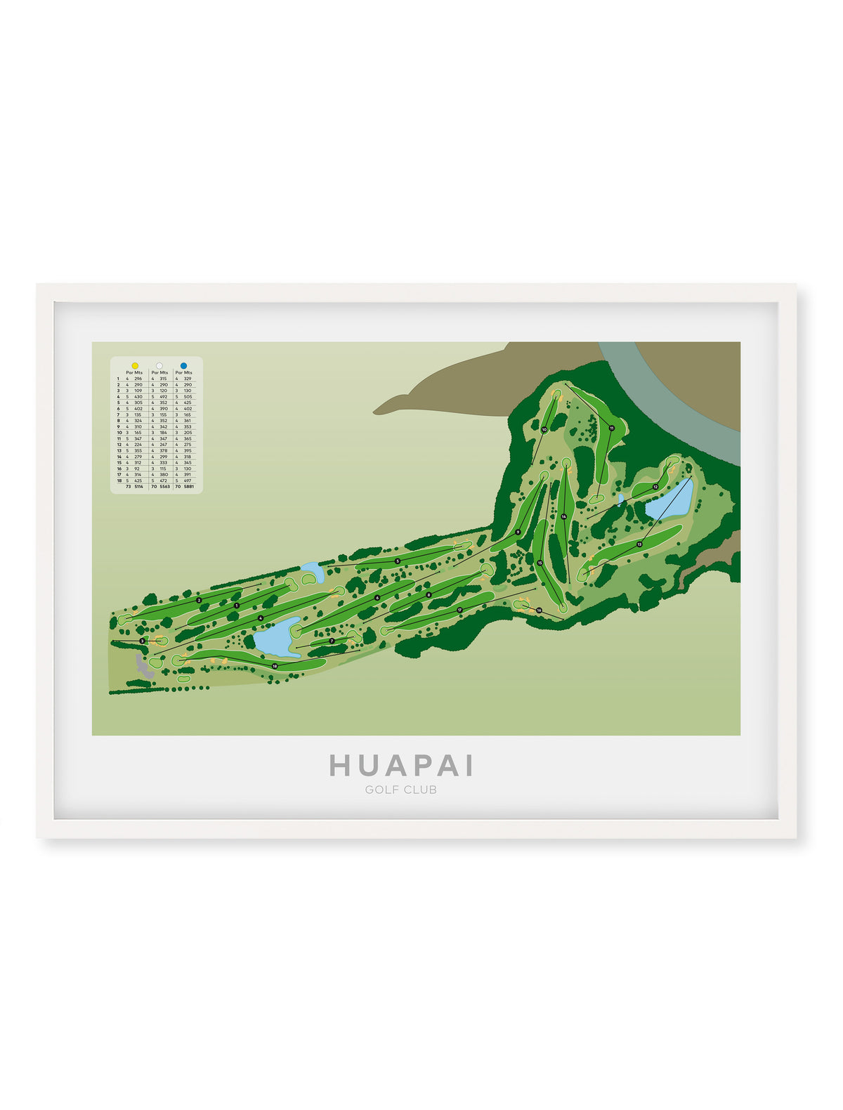 White framed minimalist fine art map of Huapai Golf Course, West Auckland, New Zealand