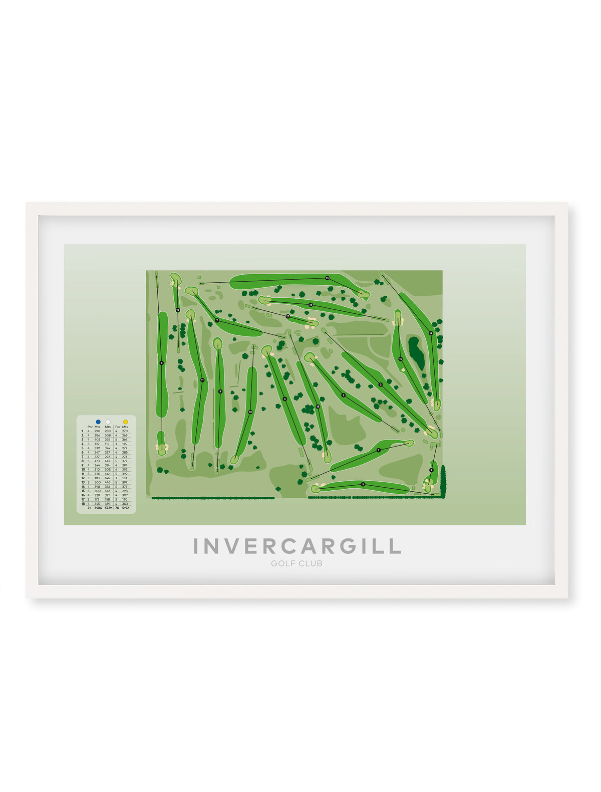 White framed minimalist fine art map of Invercargill Golf Course, Southland, New Zealand